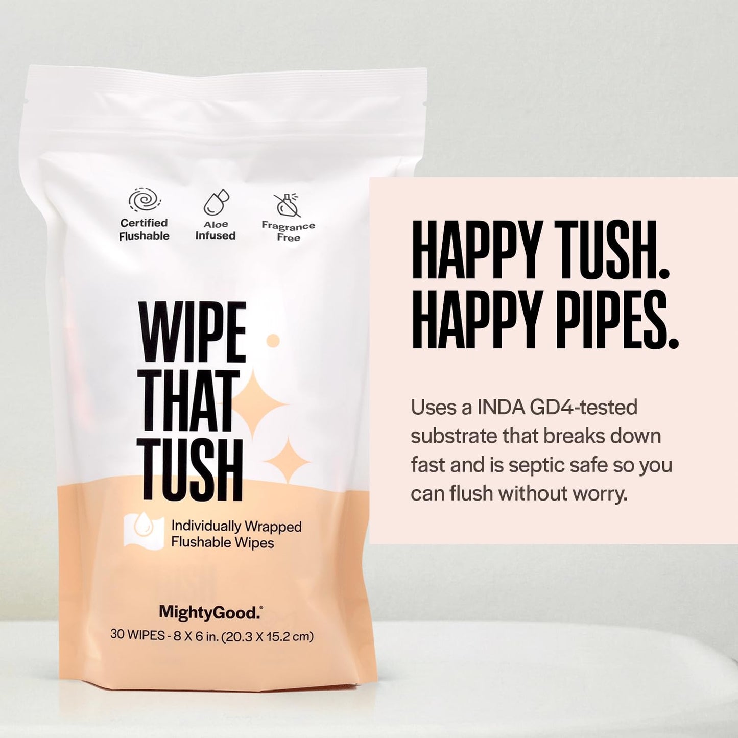 Wipe That Tush On-The-Go Flushable Wipes - 1 Packs of 30 Individually Wrapped Travel Wipes - Fragrance Free & Hypoallergenic - Extra Large & Soft - Aloe & Vitamin E - Septic-Safe - Travel Essentials
