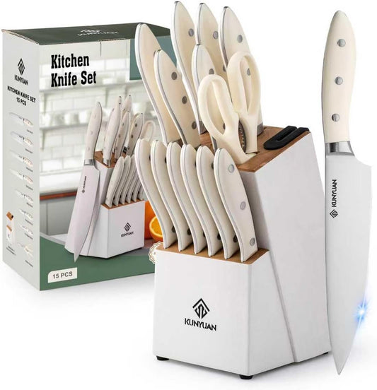 Knife Set, KUNYUAN 15 pieces Knife Sets for Kitchen,High Carbon German Stainless Steel Knife Block Set with Built in Sharpener Block,Dishwasher Safe Kitchen Knives, White