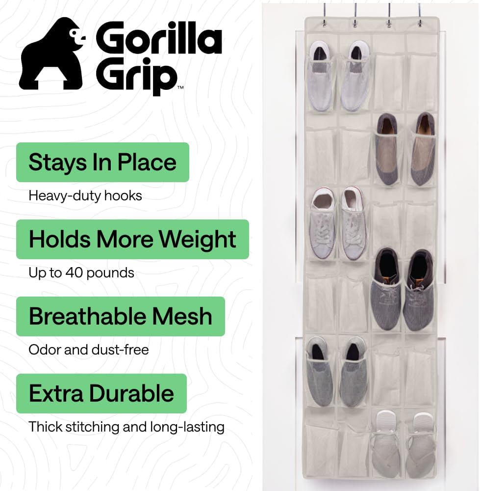 GORILLA GRIP Over the Door Shoe Organizer, 24 Large Breathable Mesh Pockets, Space Saving Hanging Storage Holder, Closet Rack Hanger Holds Up to 40 lbs, Hangs on Closets for Shoes, Accessories, Linen