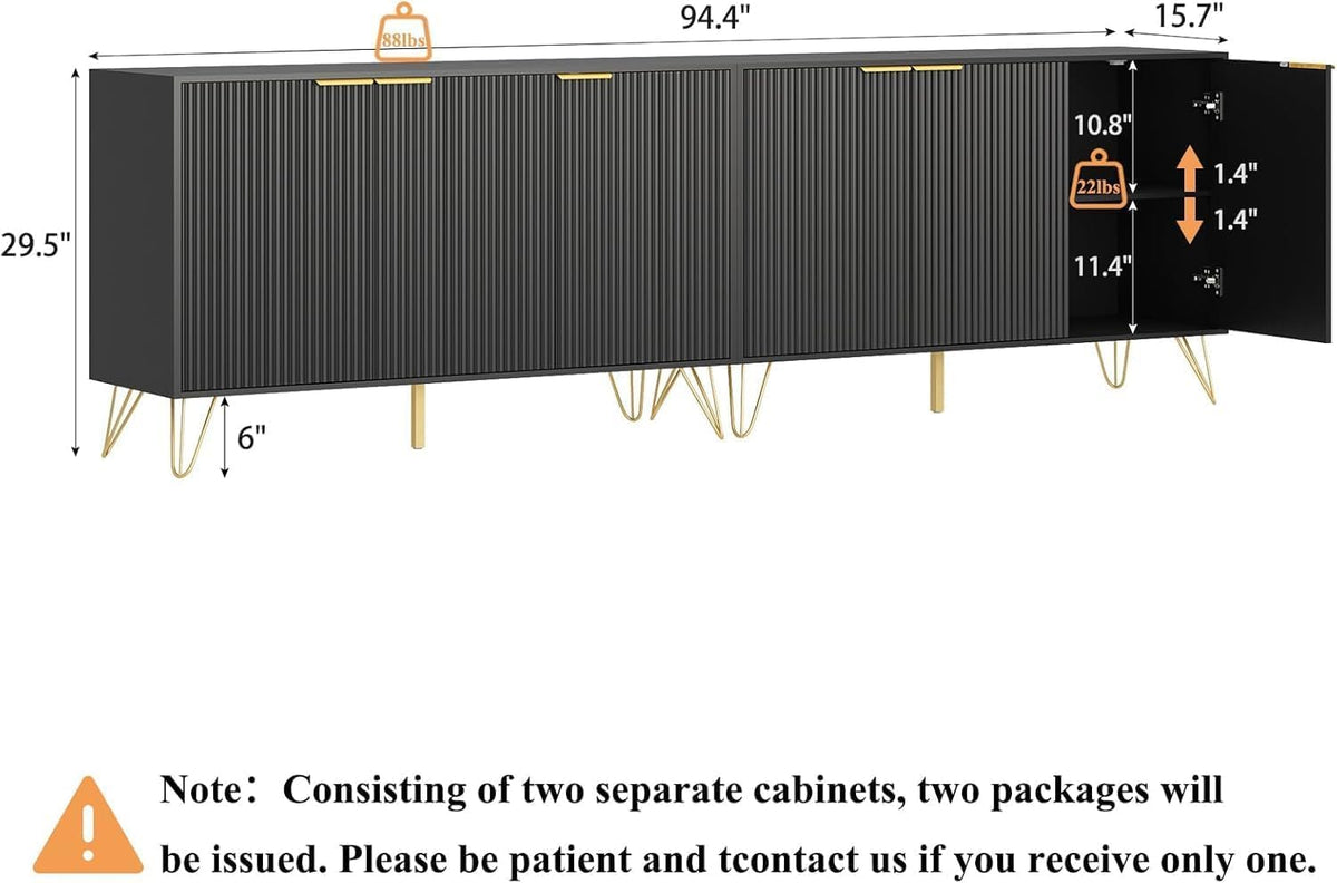 90 inch TV Stand with 6 Fluted Doors and Adjustable Shelves, Black丨Modern Entertainment Center Cabinet, Wood Media Console Storage Cabinets for Living Room Bedroom