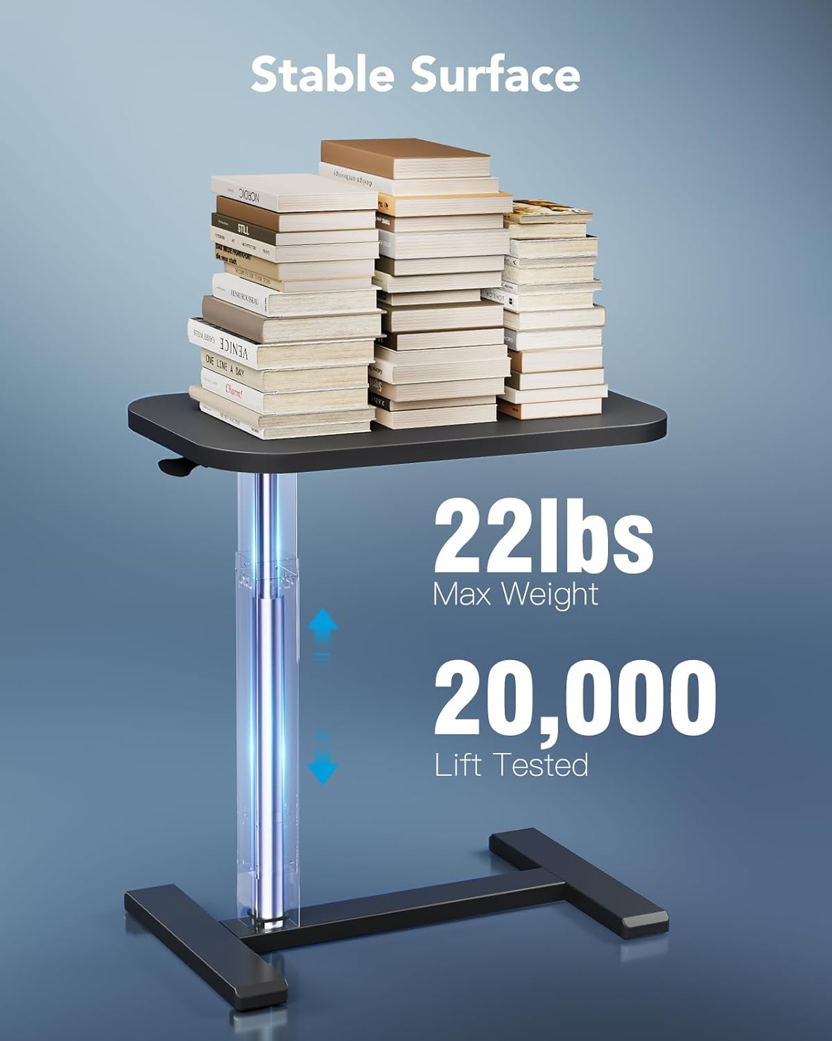 HUANUO 32Inch Bedside Table with Wheels, Height-Adjustable Rolling Computer Cart, Overbed Table with Cup Holder, Pneumatic Laptop Standing Desk for Home Office, Black