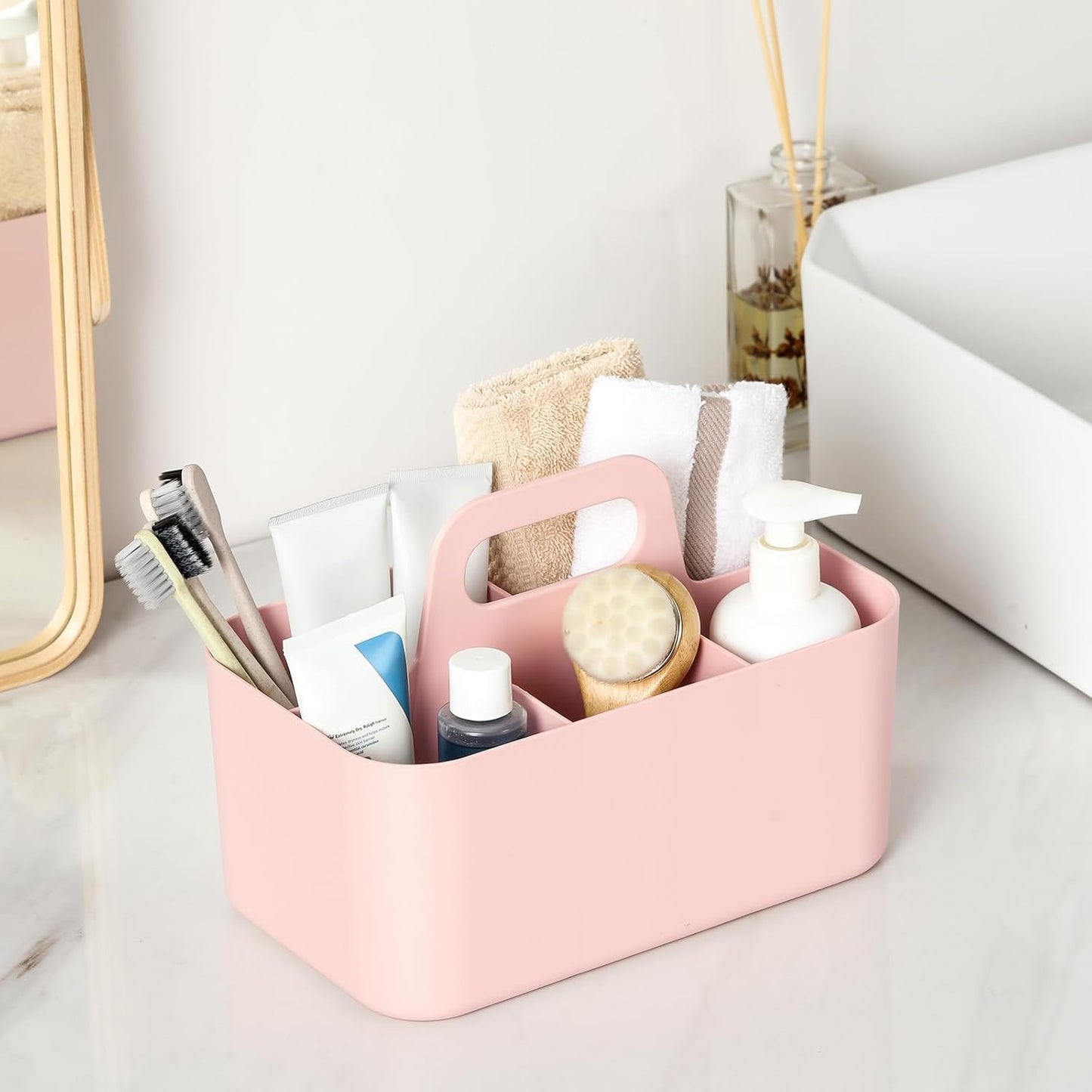 Multiuse Caddy Organizer with Handle, Portable Divided Plastic Tote Bin - Art Craft, Stationary Pen Marker Crayons, Makeup Hair Supplies Storage - Bathroom, Classroom, Dorm, Office, Desk Holder - Pink