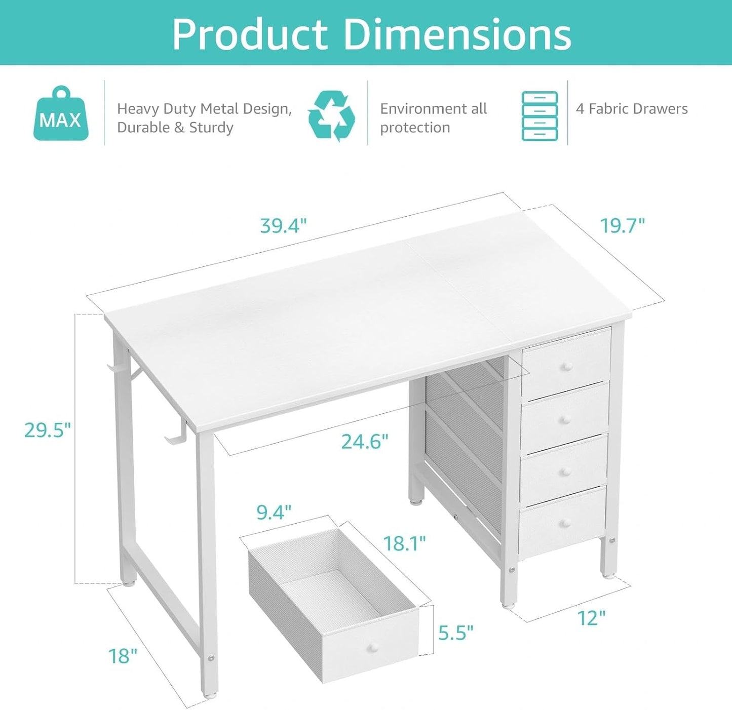 Lufeiya Small White Desk with Drawers for Bedroom, 40 Inch Kids Girls Study Desks, Reversible Computer Writing Nail Table with Fabric Drawer for Small Spaces Home Office Manicure