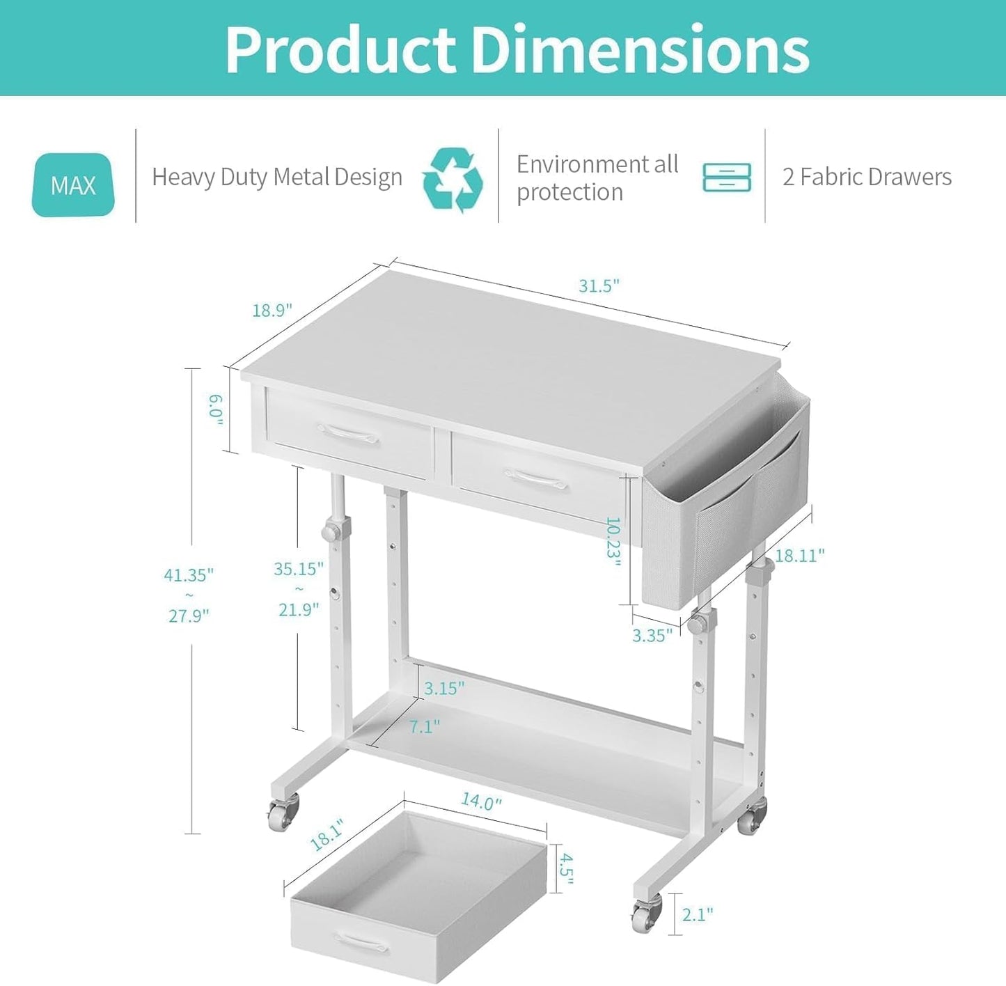 WINAZ Small Rolling Desk with Drawers & Storage - Mobile Workstation on Wheels for Teacher & Student, Adjustable Height Portable Standing Desk for Small Spaces, Compact Sewing & Crafting Table