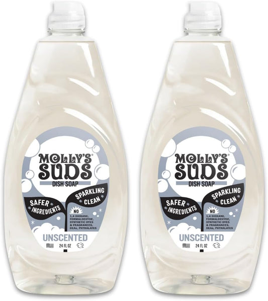 Molly's Suds Liquid Dish Soap | Clean, Simple Ingredients | Extra Scrubbing Power | Unscented, 24 oz - 2 Pack
