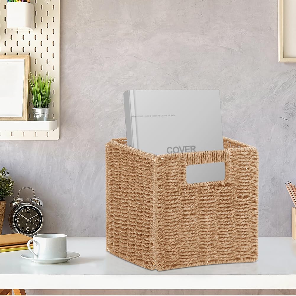 6 Pack 8.7 Inch Wicker Baskets, Hand Paper Rope Storage Baskets | Foldable Cube Storage Bins Organizer Square Wicker Cubes for Shelves Pantry Organizing & Decor