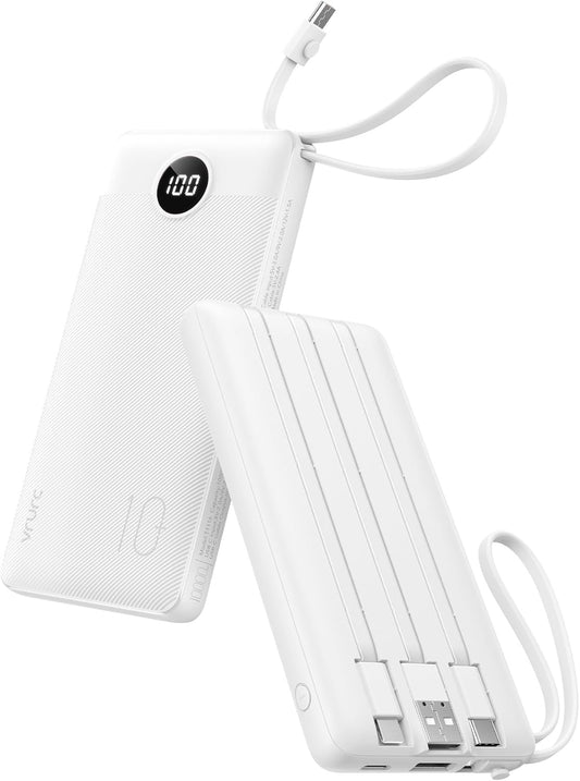 VRURC Portable Charger Built in Cables, Slim Power Bank 10000mAh, Multi Devices Charging Bank with Lanyard, USB C Battery Pack 5 Outputs for for All Cell Phones Devices, Samsung,Android-White(1 Pack)
