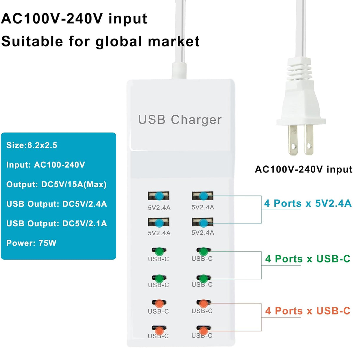 USB C Power Strip, 100W USB Charging Station 4 USB-A Ports and 8 USB-C Ports Multiple USB Charging Block with Auto-Detect Technology Compatible with Smart iPhone Tablet Laptop Multiple Devices