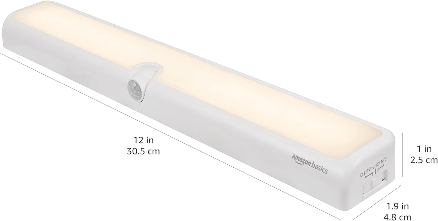 Amazon Basics LED Motion Sensor Light Bar, USB/Battery Operated, 250 Lumens, 12 Inches, Swivel, Under Cabinet Lighting for Closet, Kitchen, 2-Pack, White