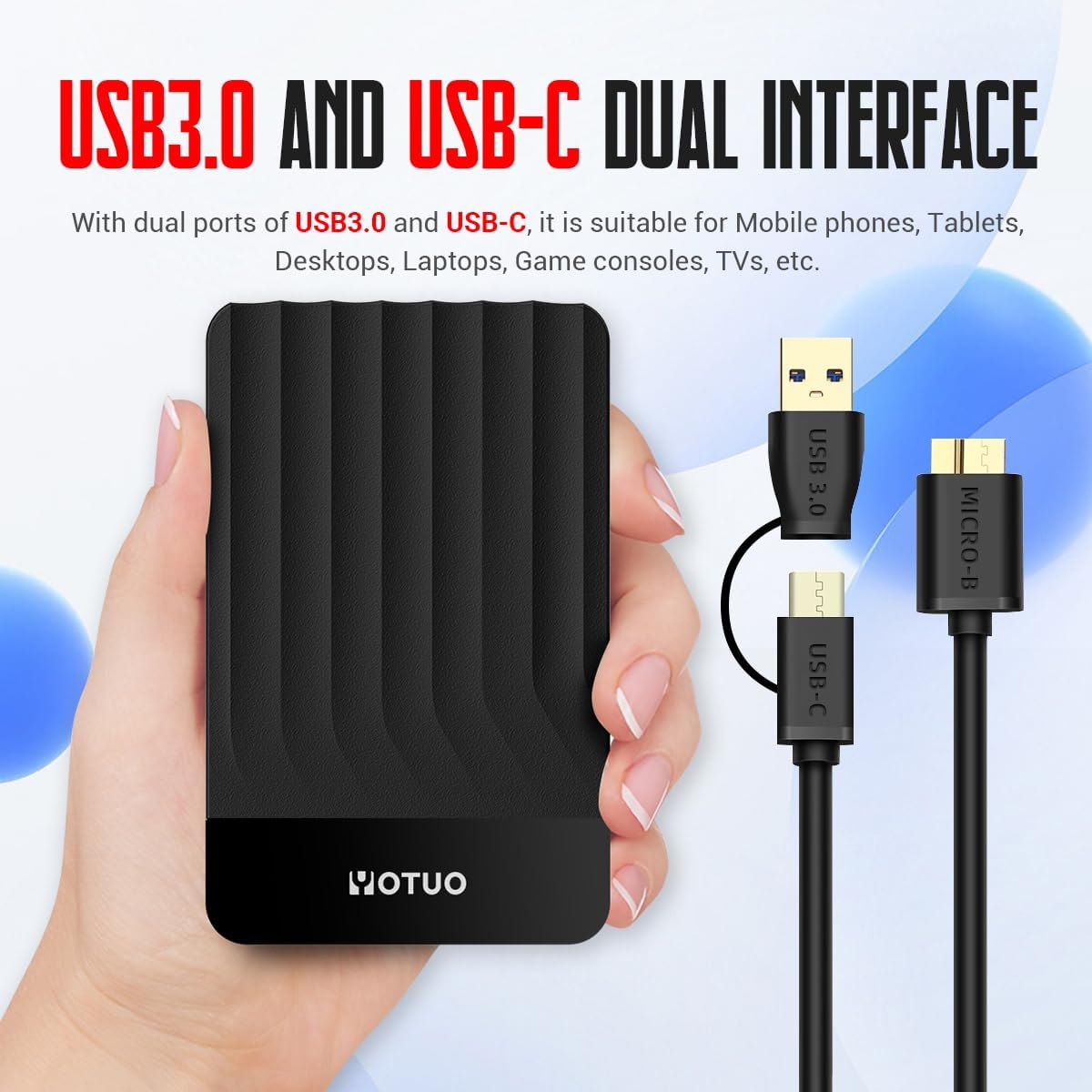 YOTUO Portable 1TB External Hard Drive Storage Expansion Mobile HDD USB 3.0 USB-C for PC, Mac, Desktop, Laptop, PS4, Xbox One, Xbox 360, Android, iPhone 15/16/17, Office & Game (Black)