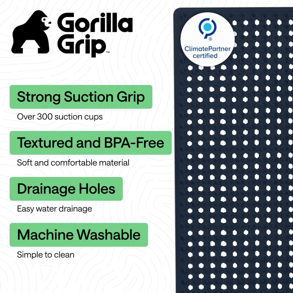 GORILLA GRIP Patented Bath Tub Shower Mat, Machine Washable Bathtub Floor Liner Mats, Suction Cups and Drain Holes to Keep Tubs Clean, Soft on Feet, Bathroom Essentials, 35x16 Inch, Navy Opaque