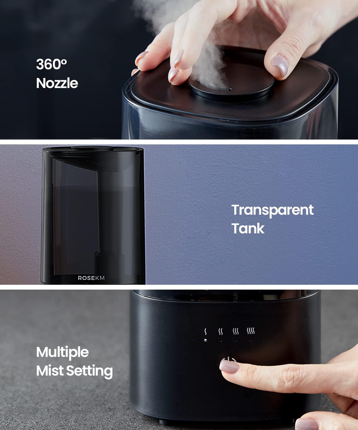 ROSEKM Humidifiers for Bedroom, 2.0L Cool Mist Humidifier for Home Plant and Baby Nursery, Quiet Ultrasonic Humidifier with 360° Nozzle, Auto Shut-Off, Filterless, Black