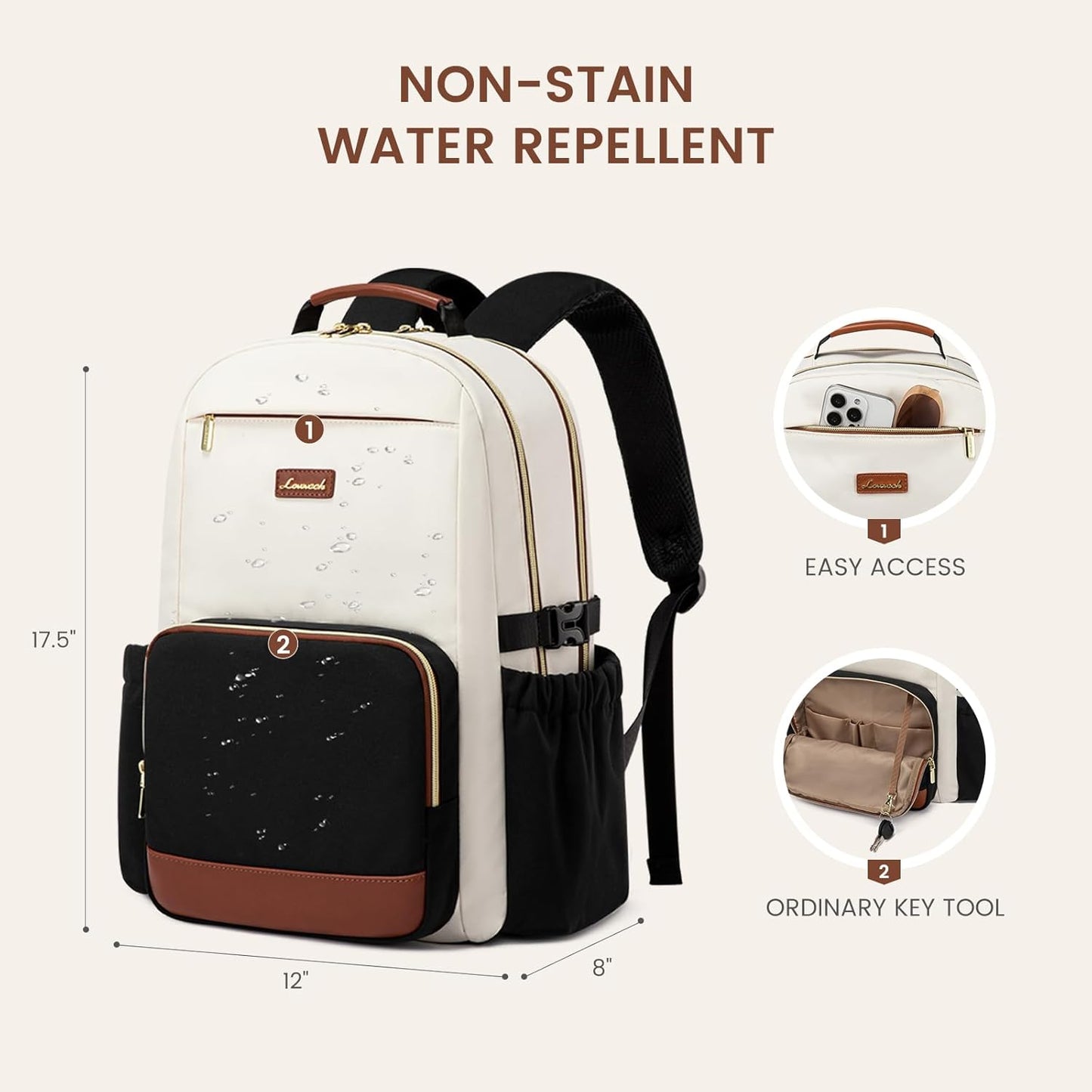 LOVEVOOK Laptop Backpack for Women with Pouch Pocket for Large Capacity Cup,15.6 Inch Laptop Computer Bag Travel Backpack Purse,Waterproof Work Business Backpack College Teacher Bags,Beige-Black-Brown