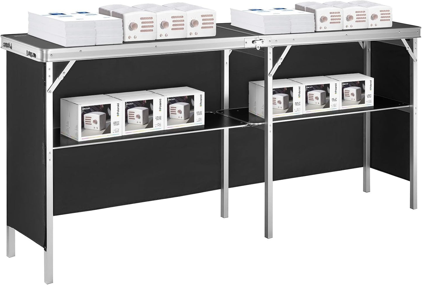 VEVOR Extra Long Folding Portable Bar Tradeshow Podium Table for Indoor, Outdoor, Party, Picnic, Exhibition, Includes Carrying Case, Storage Shelf and Black Skirt, 77.95" x 15.16" x 34.65"