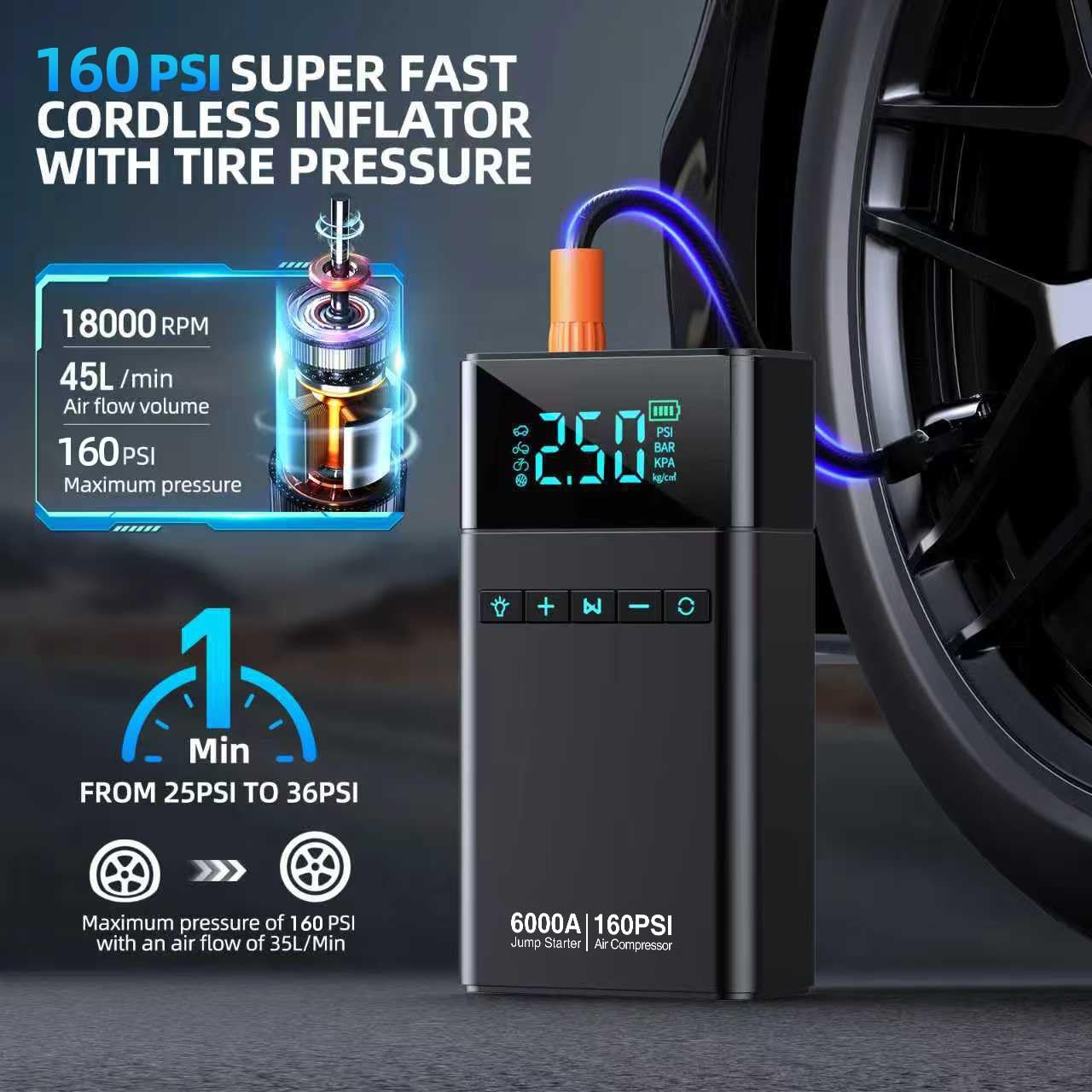 10-in-1 Portable Car Battery Jump Starter with Air Compressor, 6000A 160PSI Portable Car Jumper Starter (All Gas 12L Diesel), 12V Jump Box Car Battery Jump Starter with Jumper Cables, Lights