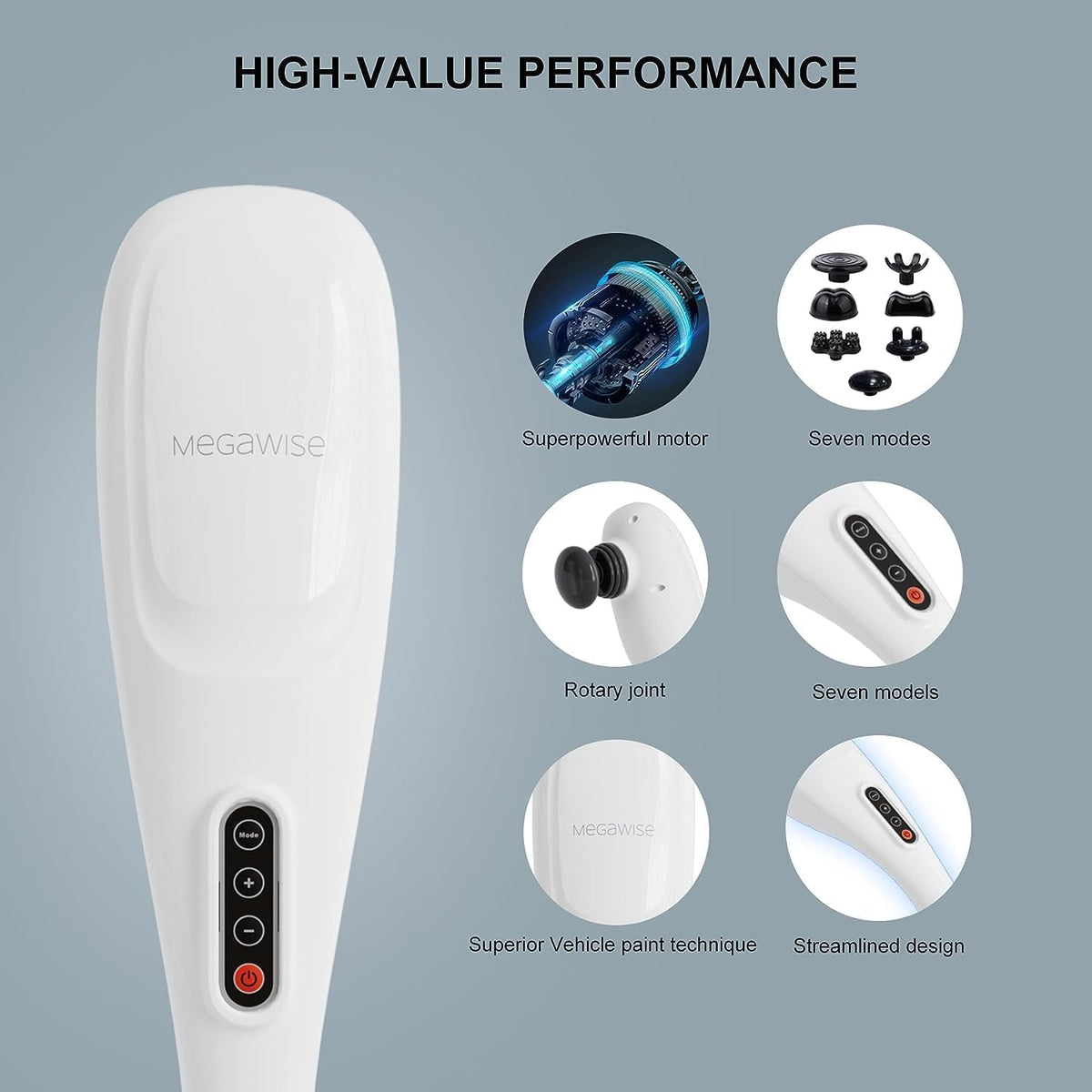 MEGAWISE Cordless Back Massager for Shoulders, Waist, Legs, Rechargeable 3200mAh Battery, 5 Speed and 5 +2 Massage Nodes 5 Hard, 2 Silicone Nodes, Massage While Moving Around (Off White Cordless)