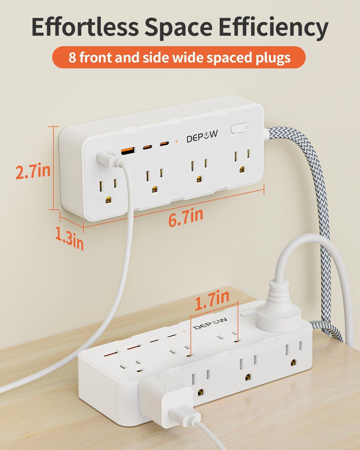 DEPOW Power Strip Surge Protector, 5FT Braided Extension Cord with Multiple Outlets-8 AC Outlets 4 USB Ports (2 USB C), Flag Plug Charging Station, 1700 Joule Surge Protection for Home Office, White