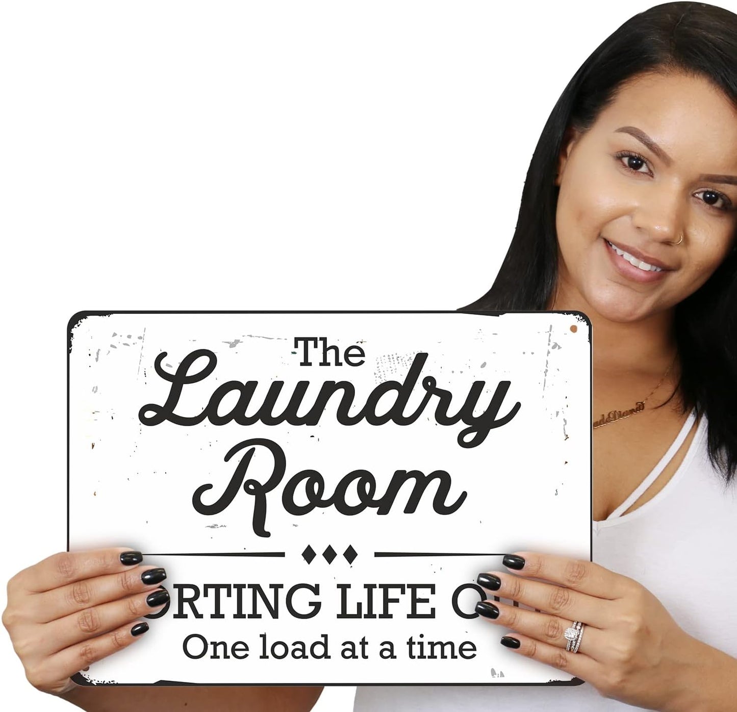 SmartSign Funny Laundry Room Sign, “Sorting Life Out One Load At A Time” Vintage Decor Sign, 10" x 14", 40 mil Laminated Rustproof Aluminum, Black & Rustic White, Made in USA