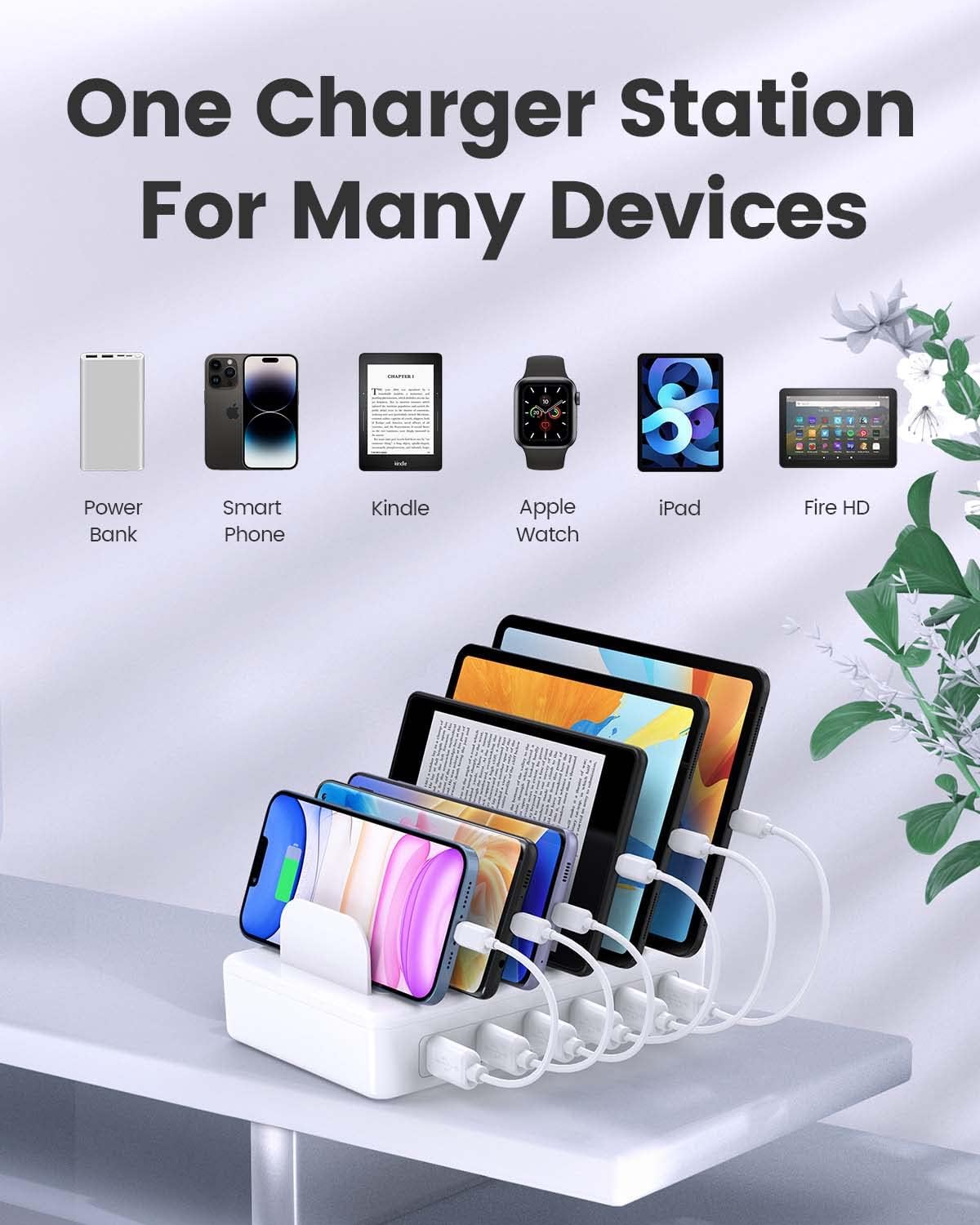 50W Charging Station for Multiple Devices, 6 Port Multi USB Charger Station | with 6 Cables,1 USB-A to USB-C Adapter Converter, Compatible with iPhone,iPad Kindle Tablet and Other Electronic（White)