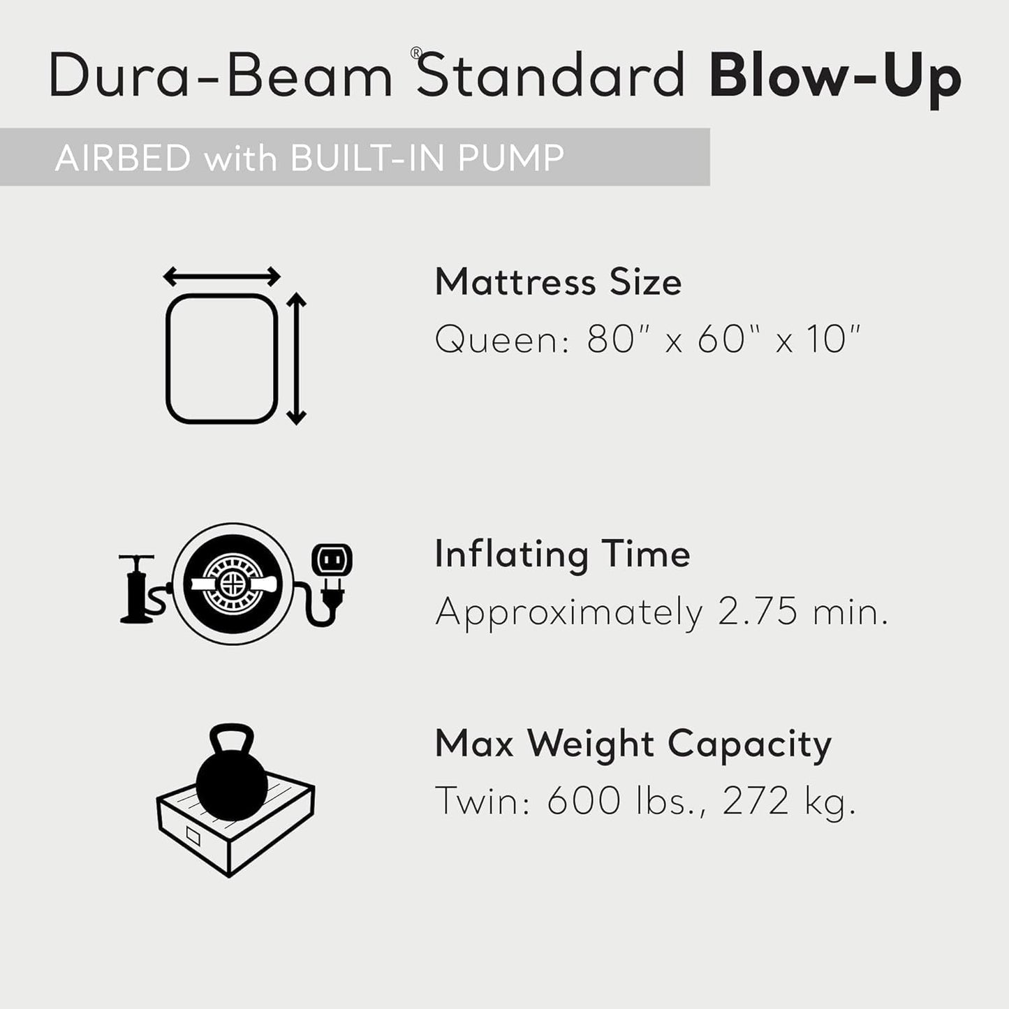Intex 64765E Dura-Beam Standard Classic Air Mattress with Inflatable Pillows: Fiber-Tech - Queen Size - Hand Pump - 10in Bed Height - 600lb Weight Capacity