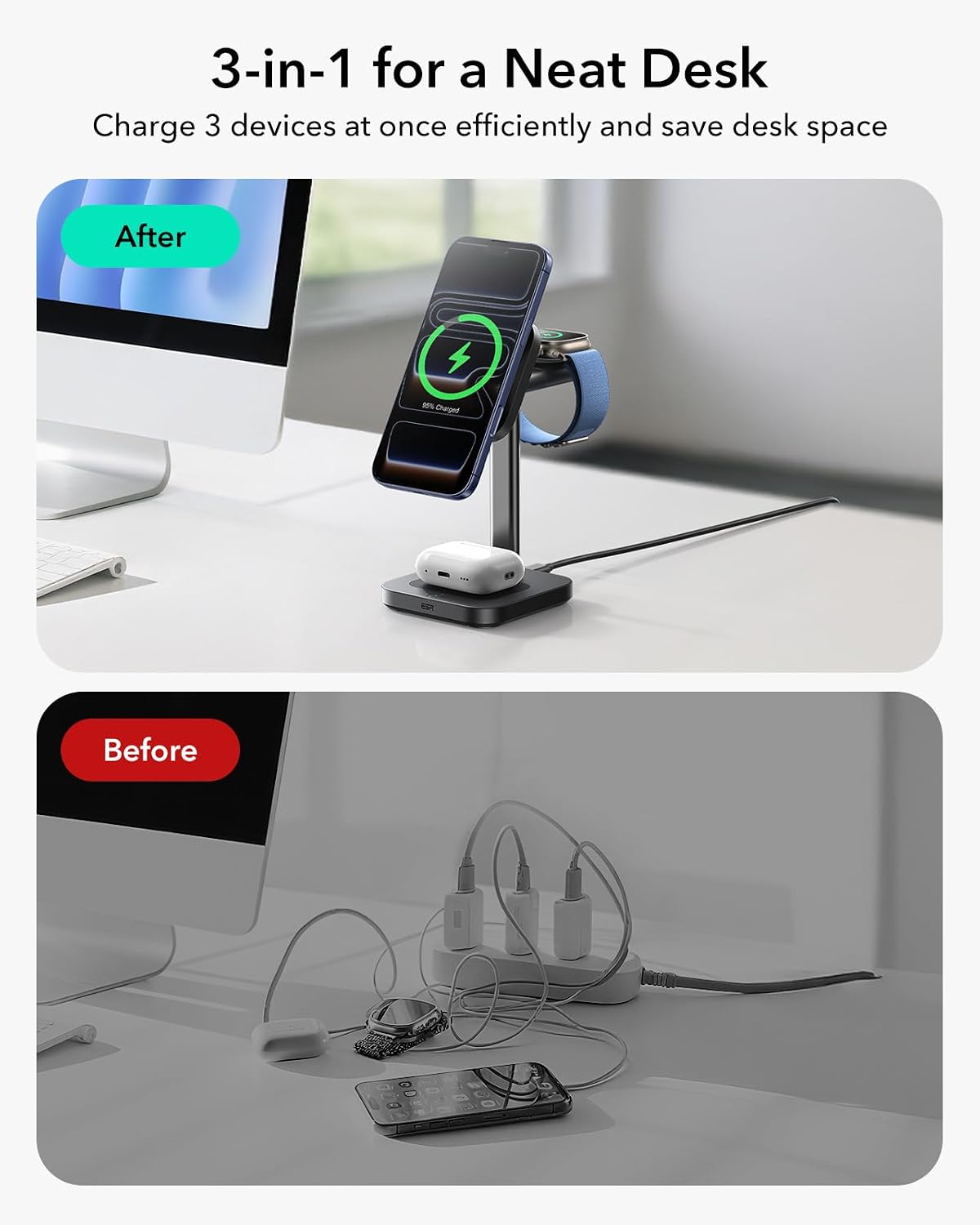 ESR 3 in 1 Charging Station, Qi2.2 Certified for iPhone 17/16 with iOS 26 | 25W MagSafe Charger Stand w/Cryoboost, Phone Cooling Wireless Charger, for AirPods & Apple Watch, Fast Charging Dock