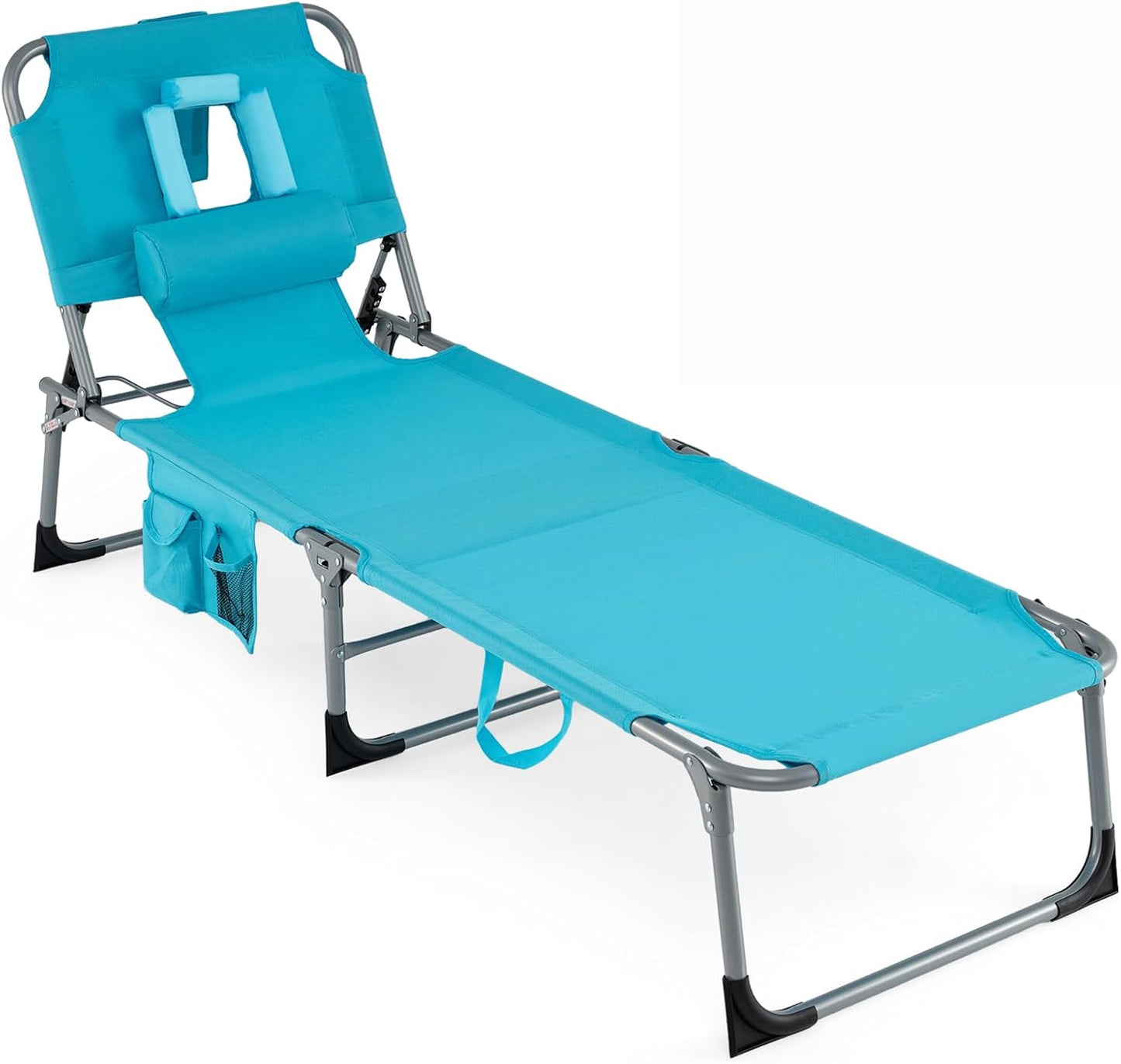 COSTWAY Tanning Chair with Face Hole, Folding Beach Lounge Chair with 4-Position Adjustable Backrest, Pillow & Side Pocket, Foldable Chaise Lounge Chair Outdoor for Sunbathing, Camping (1, Pink)