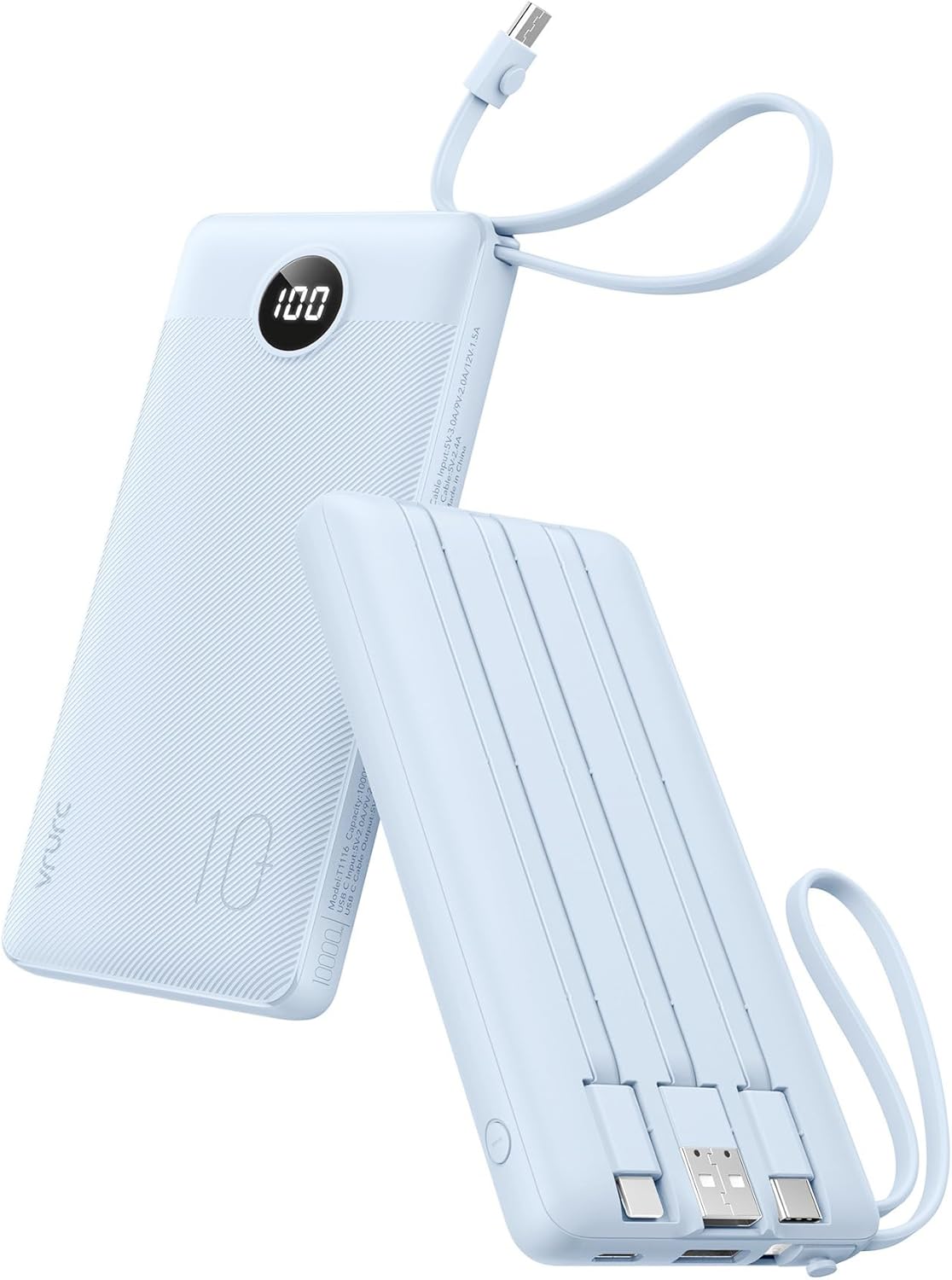 VRURC Portable Charger for iPhone, Built in Cables & Lanyard Power Bank 10000mAh, Compact USB C Charging Bank 5 Outputs for Multi Devices,Travel Essential for Hiking Camping Business Cruise Ship-Blue