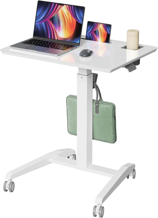 Gibbon Mounts Glass Mobile Standing Desk, Height Adjustable Rolling Laptop Table, 27 inches Portable Sit Stand Desk with Wheels and Hook, Pneumatic Computer Workstation, White