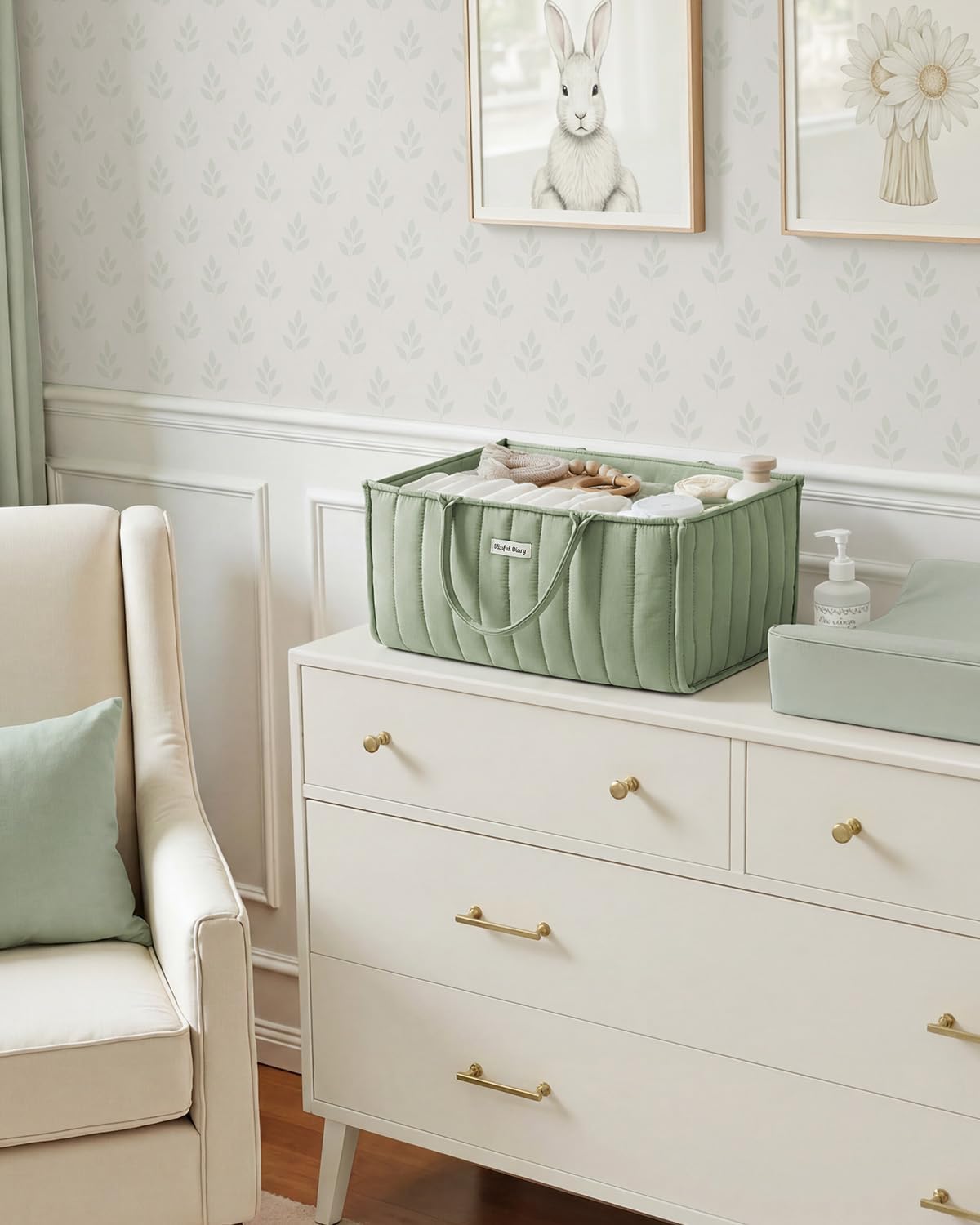 Blissful Diary Baby Diaper Caddy Organizer, Stylish Storage Basket for Newborn Essentials and Diaper Station, Gift for Baby Shower and Registry Must-Have, Sage Green
