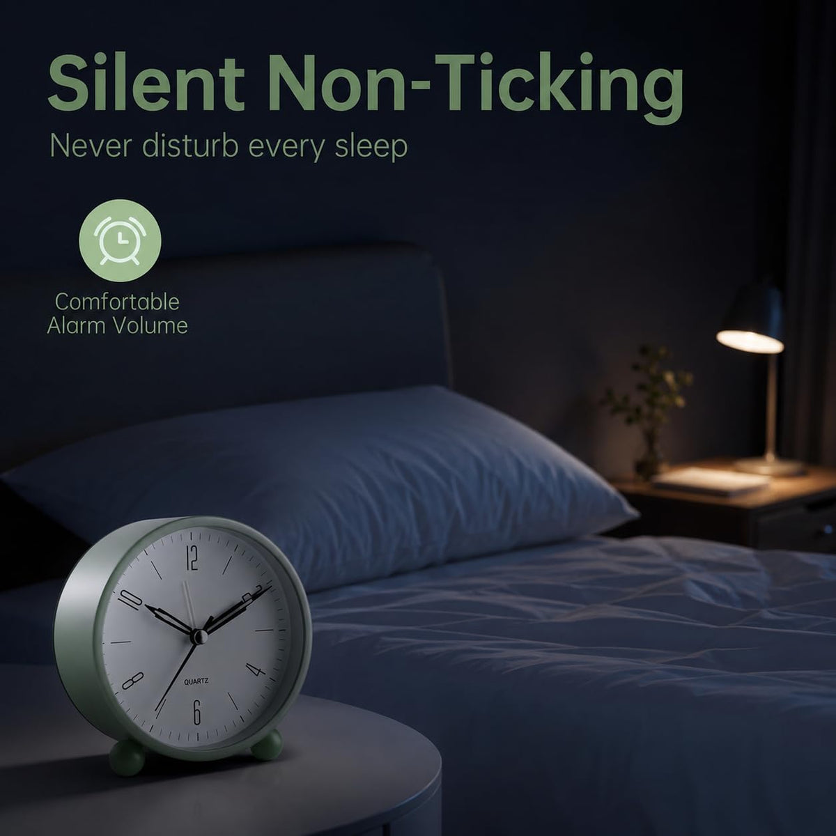 JALL Analog Alarm Clock, 4 inch Super Silent Non Ticking Small Clock with Night Light, Battery Operated, Simple Design, Old Fashioned Style Ideal Decor, for Bedroom, Bedside, Desk, Adult, Gift, Green