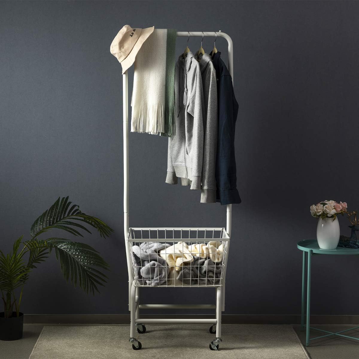 ALIMORDEN Laundry Cart with Clothes Rack, Rolling Laundry Butler with Wire Storage Rack，White
