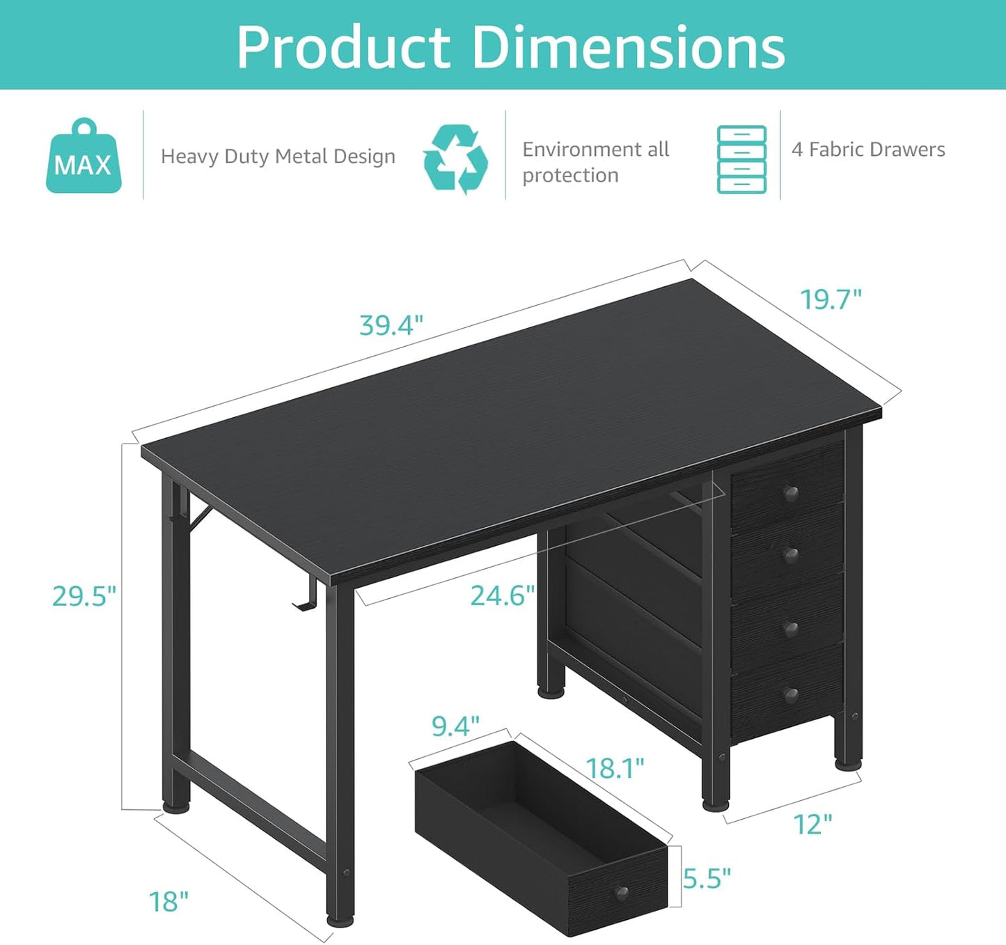 Lufeiya Small Gaming Desk with 4 Drawers, 40 Inch Kids Girls Teen Cute Study Desk for Bedroom, Reversible Work Computer Writing Table Desks for Small Space Home Office, Black