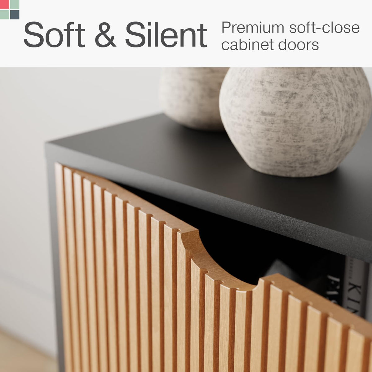 Stead Modern Fluted TV Stand & Media Console - 70-Inch, Fluted Black & Oak - Entertainment Center for 32-80-Inch Screens with Soft-Close Doors & Cord Management