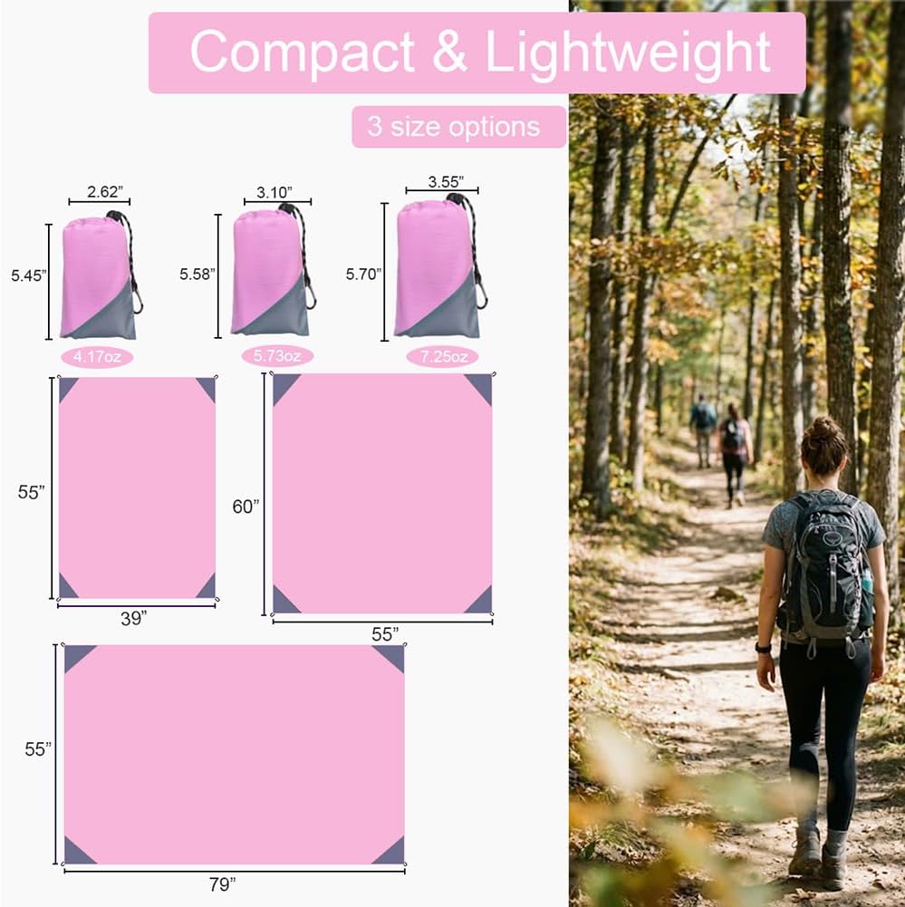 Orga'Neat Pocket Picnic Blanket, Beach Mat Waterproof Sandproof, Compact Lightweight Small Tarp for Camping, Hiking, Backpacking, Festival, Travel, Foldable in Bags (Pink/Grey, 55"x60")