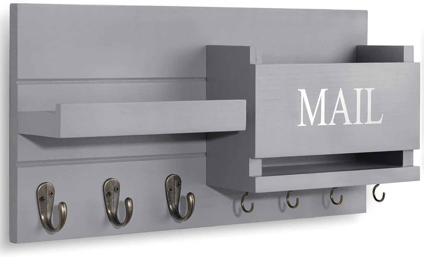 Lwenki Mail Organizer for Wall Mount – Key Holder with Shelf Includes Letter Holder and Hooks for Hallway Farmhouse Decor – Rustic Wood with Flush Mounting Hardware (16.5” x 9.1” x 3.4”) (Gray)