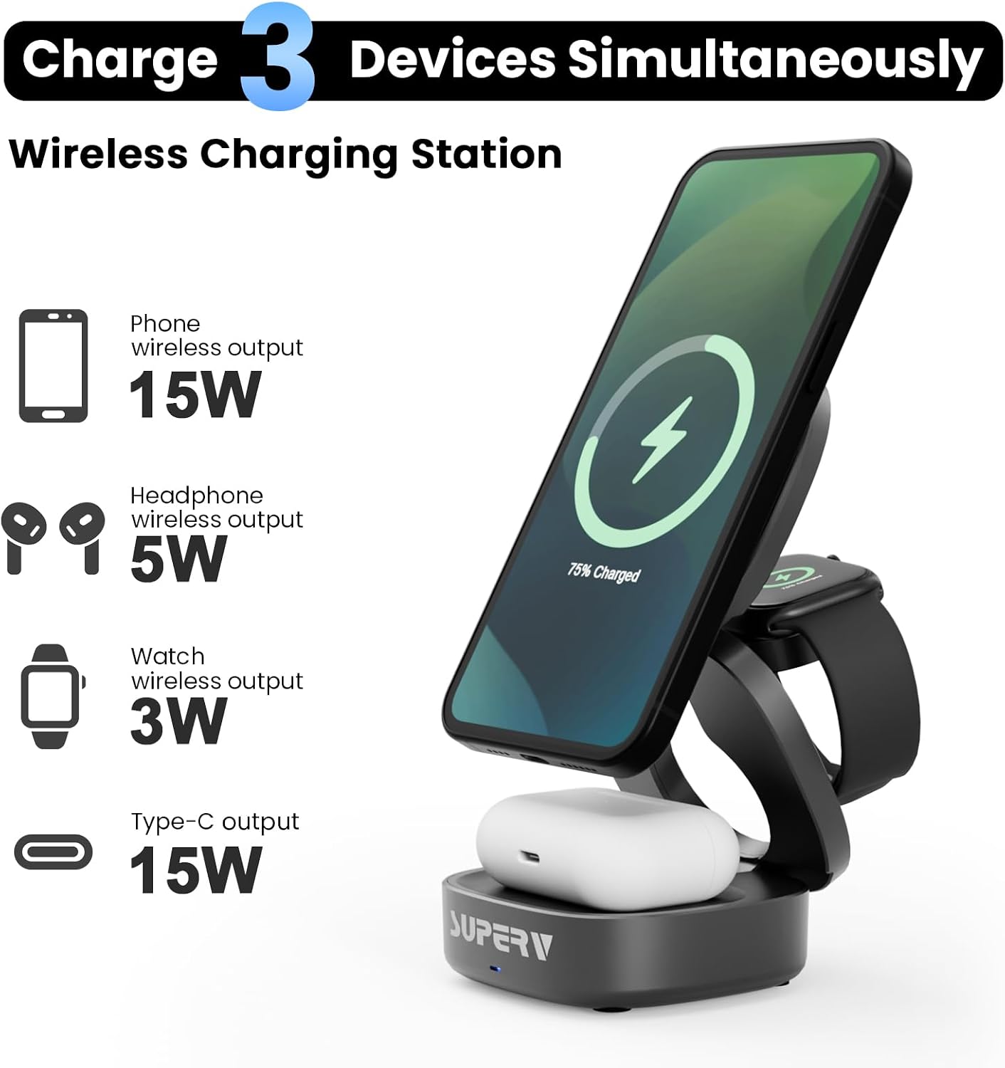 SUPERV 3-in-1 Wireless Charging Station: Charger Stand for Multiple Devices for Apple - iPhone 17/16/15/14/13/12 Series, Apple Watch, Airpods, Portable Travel Charging Station (Black)