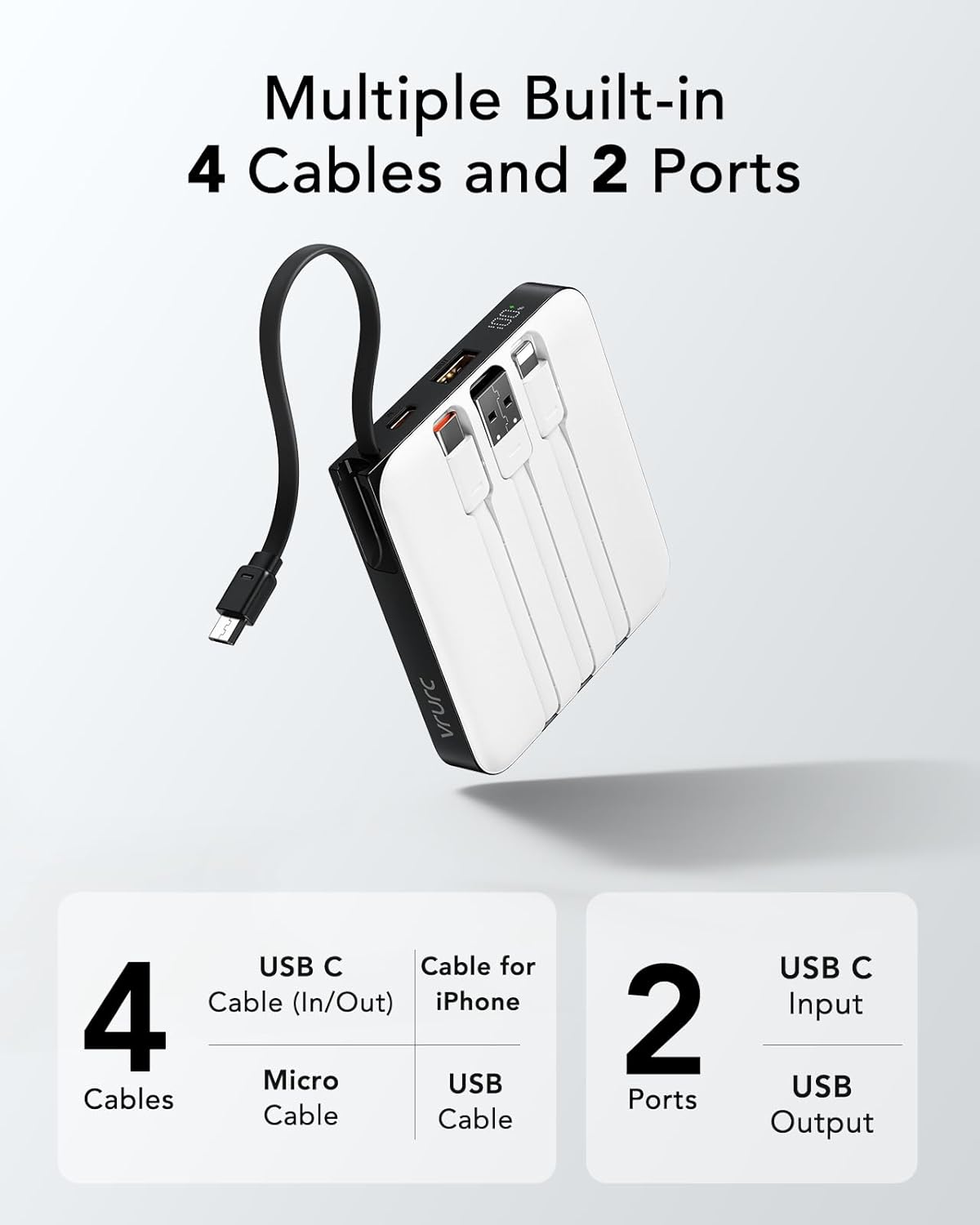 VRURC Battery Pack Charger Portable 10000mAh, 22.5W Power Bank Fast Charging with Built-in Cable, Cell Phone Power Bank for iPhone 17 16 15 & Early Series (White)