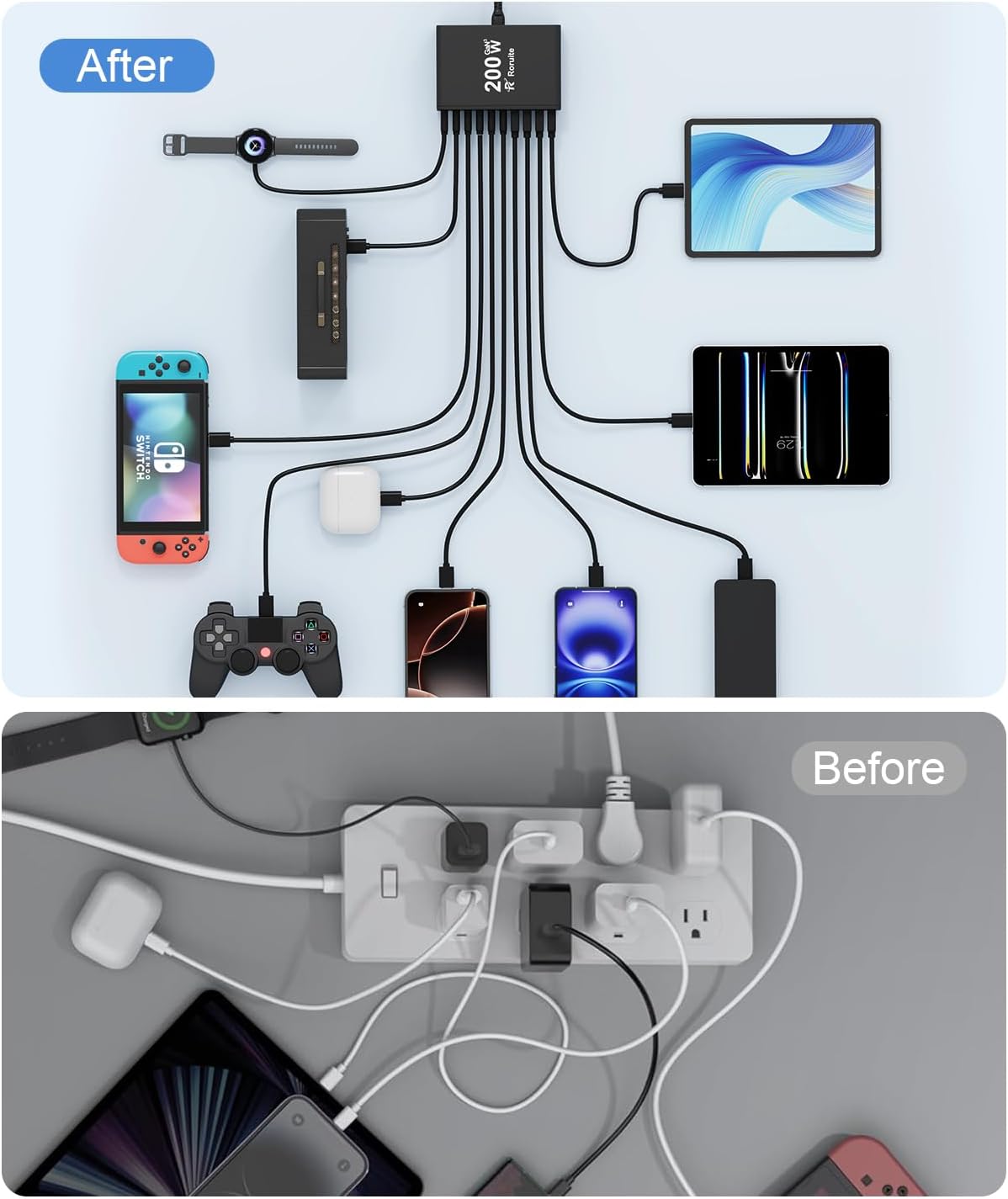 USB C Charging Station 10 Port with 4 Cables,200W GaN Type C Charger Block,Wall Charger Power Strip Adapter Plug for iPad iPhone17 16 15 14 13 12 Pro Max Pixel Note Galaxy