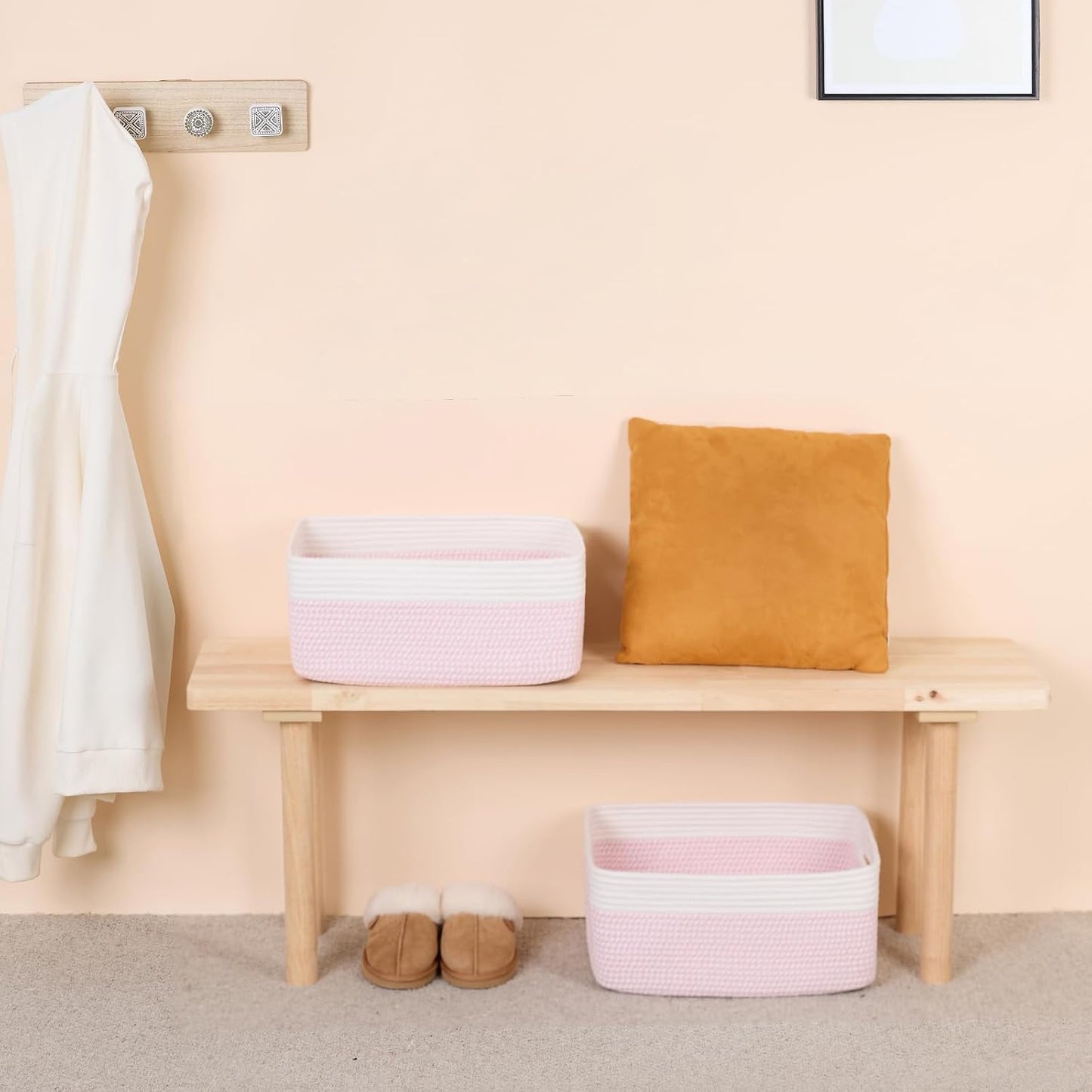 MiniArk Large Storage Baskets for Shelves, 17 x 13 x 7.5” Closet Organizers Bins for Clothes Blanket Towels, Baby Nursery, Toy Baskets Box, Woven Rope Baskets, 2 Packs Woven Pink