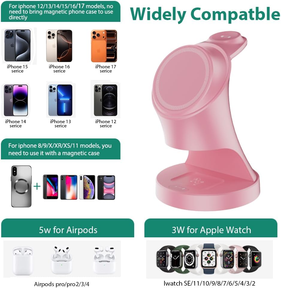 Wireless Charger,3 in 1 Magnetic Wireless Charger Stand, Fast Wireless Charging Dock for iPhone 17/16/15/14/13/12 Series, Apple Watch Series, AirPods Pro.