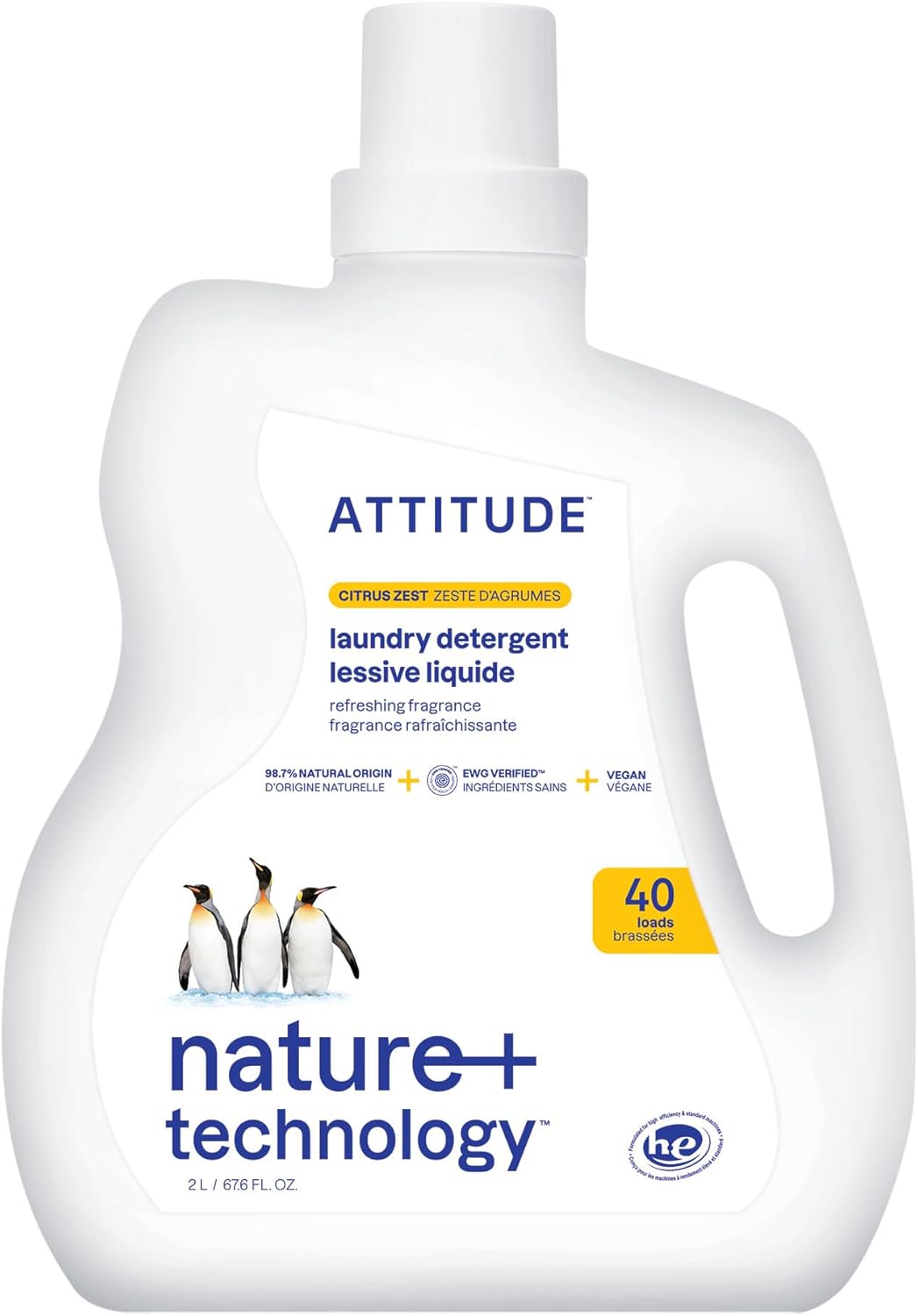 ATTITUDE Liquid Laundry Detergent, EWG Verified, HE Compatible, Plant-Based & Vegan, Natural Laundry Soap, Mountain Fresh Scent, 40 Loads, 67.6 Fl Oz
