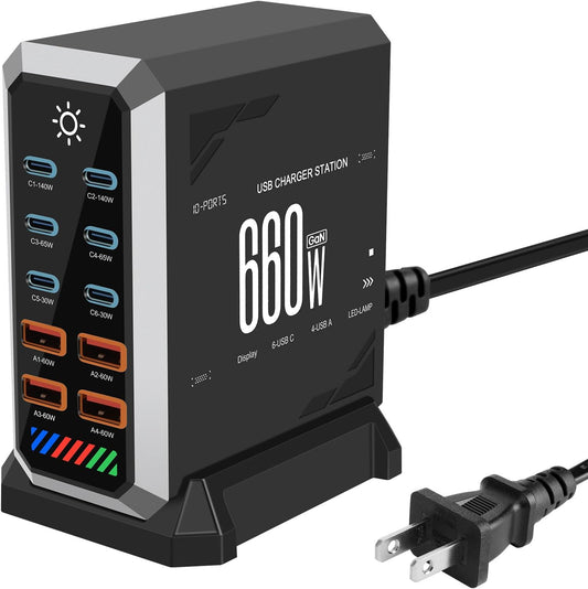 660W USB C Fast Charger Block, 10 Ports GaN III USB Chagring Station, Dual 140W PD PPS HUB for Multiple Devices, Laptop Adapter Compatible with MacBook Pro/Air iPad iPhone Pro Max, Galaxy, Dell, HP