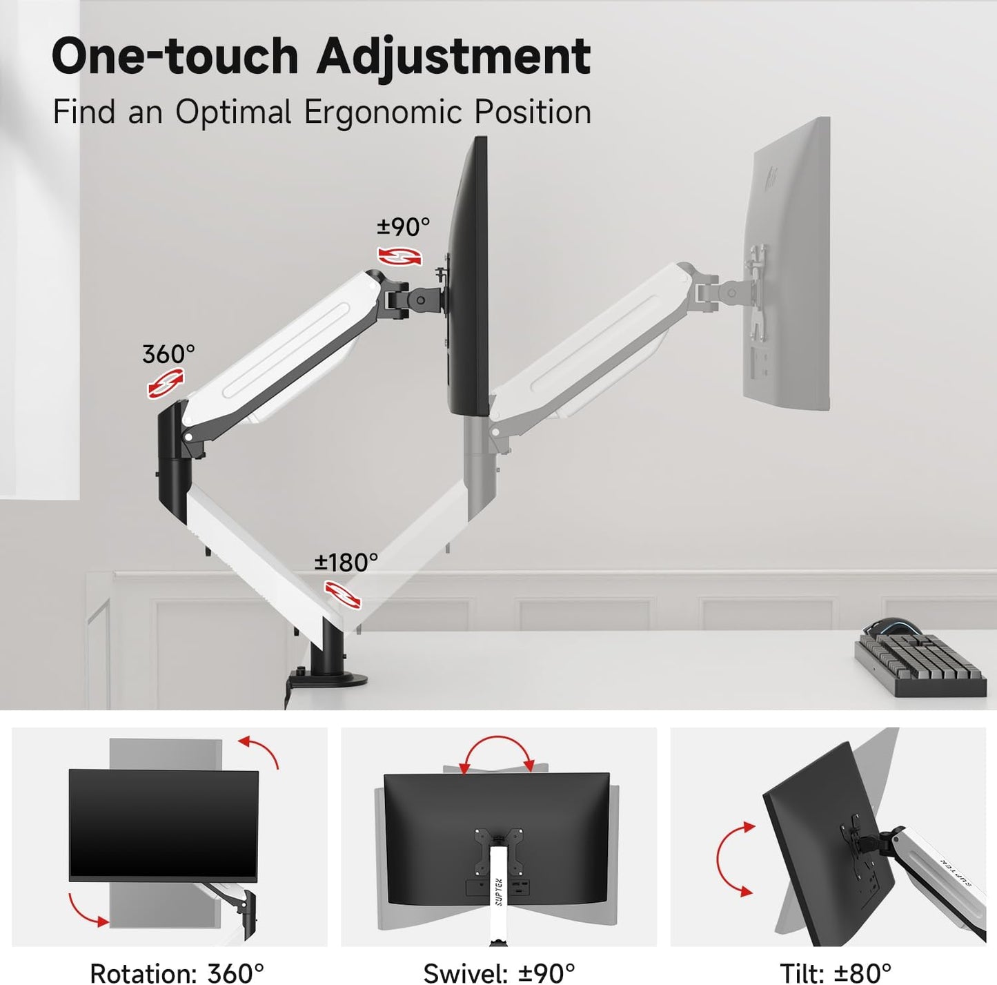 Suptek Monitor Mount Gas Spring Monitor Arm Desk Mount Fully Adjustable Fits 17 20 22 23 24 26 27 32 35 inch Monitors Weight Capacity up to 24.25 lbs (Black+White, 17"-35")