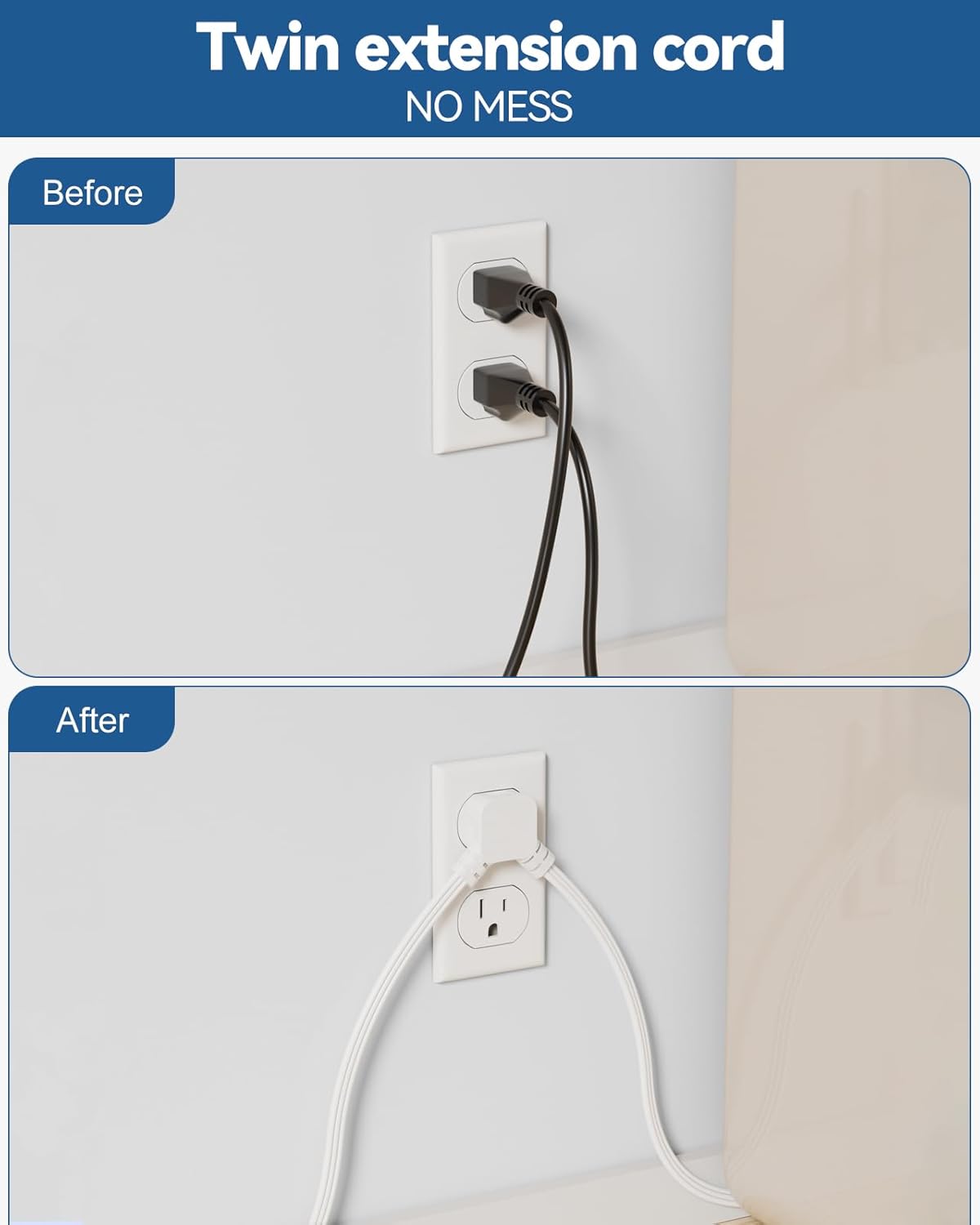 Split Extension Cord 10FT (5FT on Each Side), Single Flat Plug Twin Extension Cord with 4 AC Outlets, 2 USB-A & 3 USB-C(24W/4.8A), Nightstand Charging Station for Bedroom Dorm Room Home, His and Hers