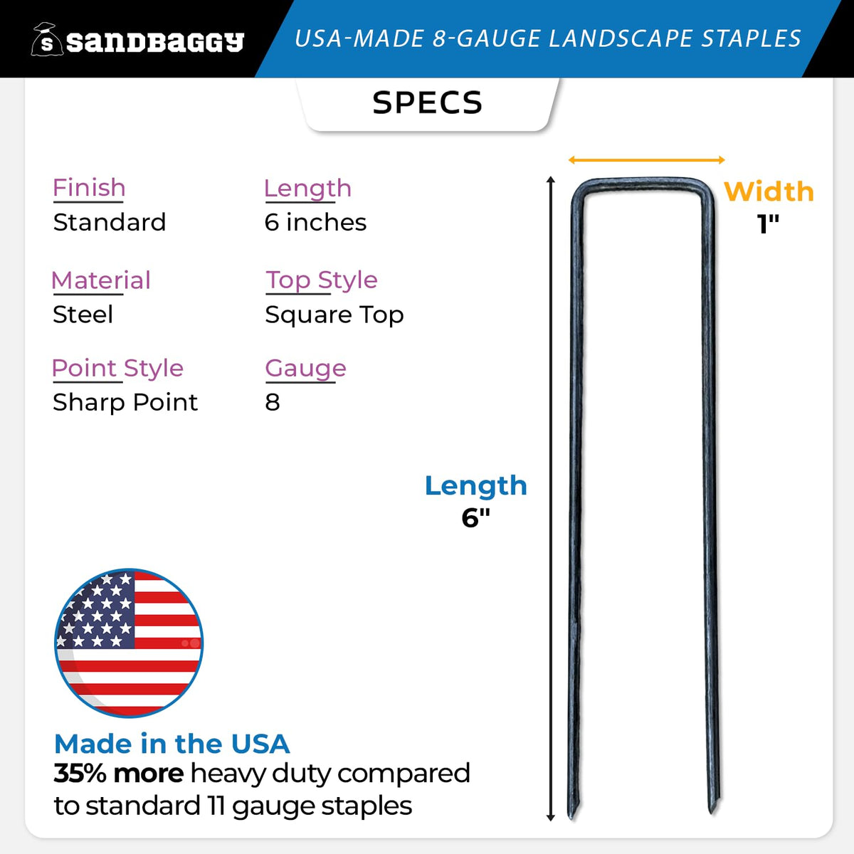 Sandbaggy USA Made 6-inch Landscape Staples - Garden Stakes - Landscaping Fabric, Netting, Sod, Artificial Turf (Extra Heavy Duty, 2000)