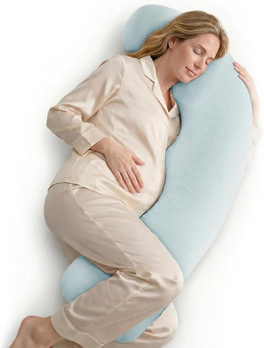 Momcozy Pregnancy Pillows for Side Sleeping, J Shaped Maternity Body Pillow for Pregnancy, Soft Pregnancy Pillow with Cotton Cover for Head Neck Belly Support, Blue