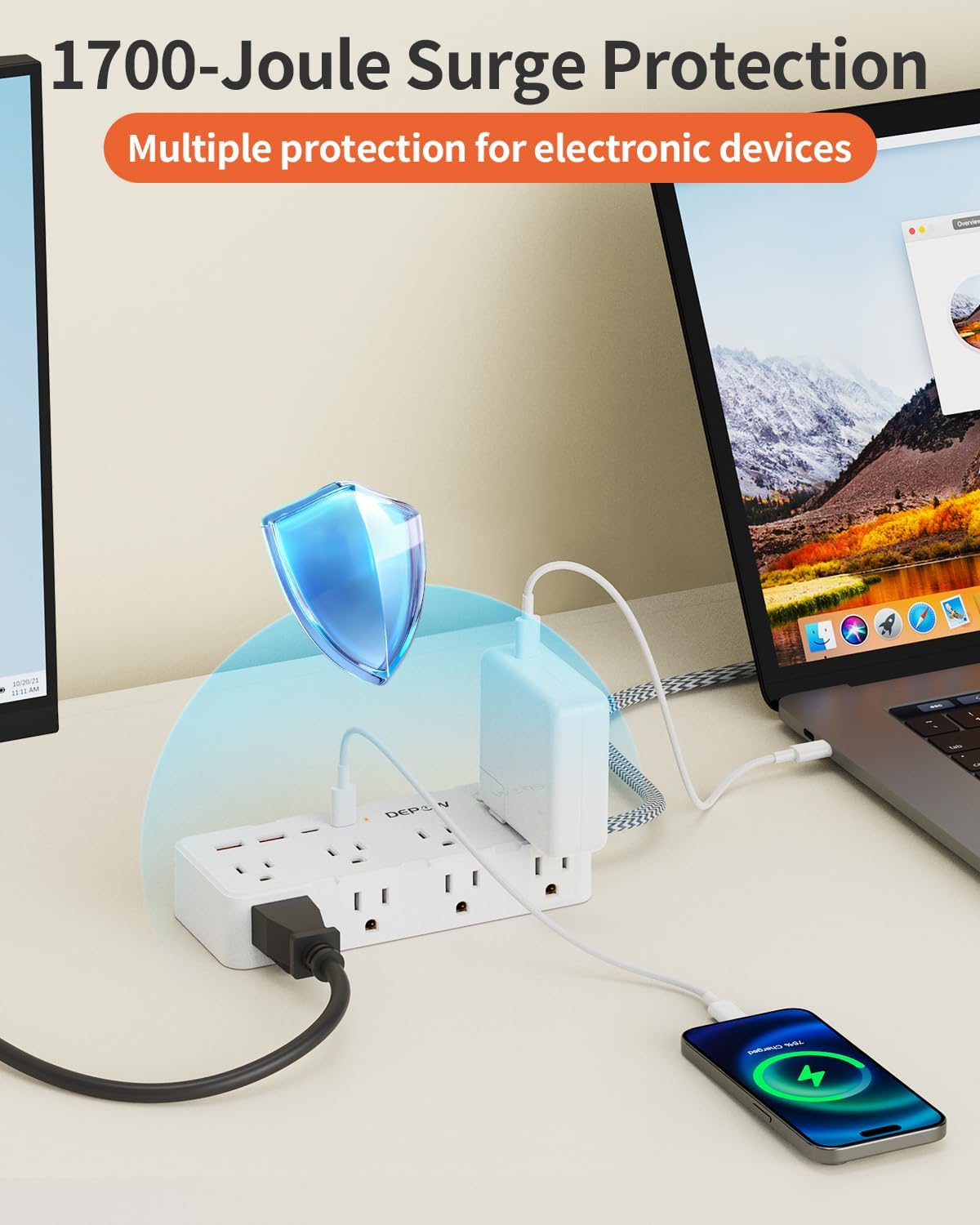 DEPOW Power Strip Surge Protector, 5FT Braided Extension Cord with Multiple Outlets-8 AC Outlets 4 USB Ports (2 USB C), Flag Plug Charging Station, 1700 Joule Surge Protection for Home Office, White