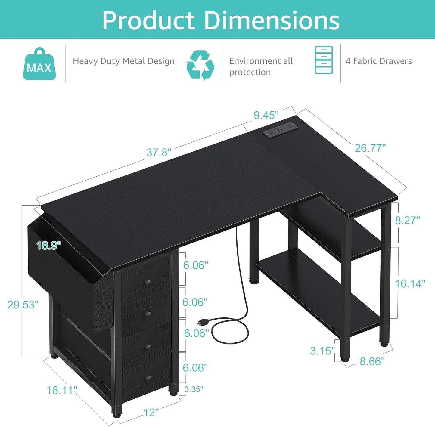 Lufeiya L Shaped Gaming Desk with Power Outlet, 47 Inch Reversible Corner Computer Desk with Drawers & Storage Shelves for Home Office Bedroom, L-Shaped Teen PC Desks with Fabric Drawer, Black