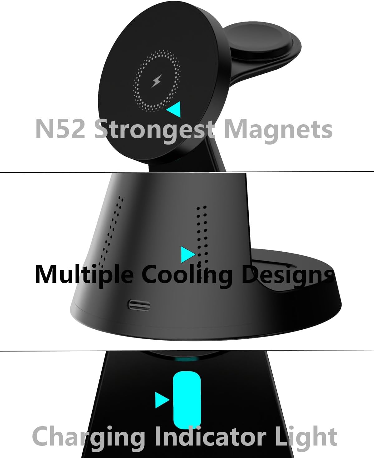 Wireless Charger,3 in 1 Charging Station,15W Phone Charger Stand | Compatible with Mag-Safe Charger for iPhone 17/16/15/14/13/12 Series, Apple Watch, AirPods (Adapter Included)