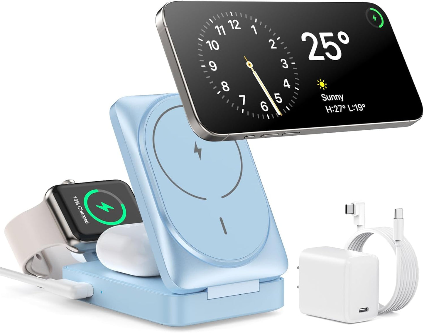 3 in 1 Wireless Charger Charging Station for iPhone,Travel Foldable Magnetic 15W Fast Wireless Charger Stand for Mag-Safe with 30W USB C Adapter for iPhone 17/16/15/14/13/12,Apple Watch,AirPods